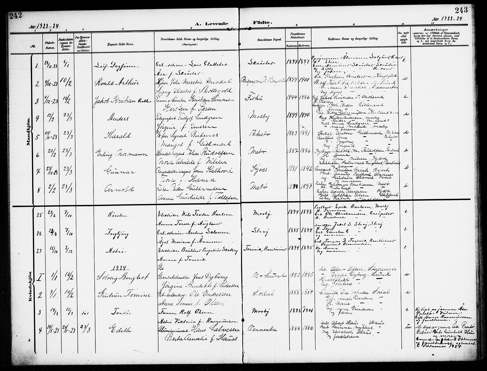 Oddernes sokneprestkontor, SAK/1111-0033/F/Fb/Fba/L0010: Parish register (copy) no. B 10, 1907-1941, p. 242-243