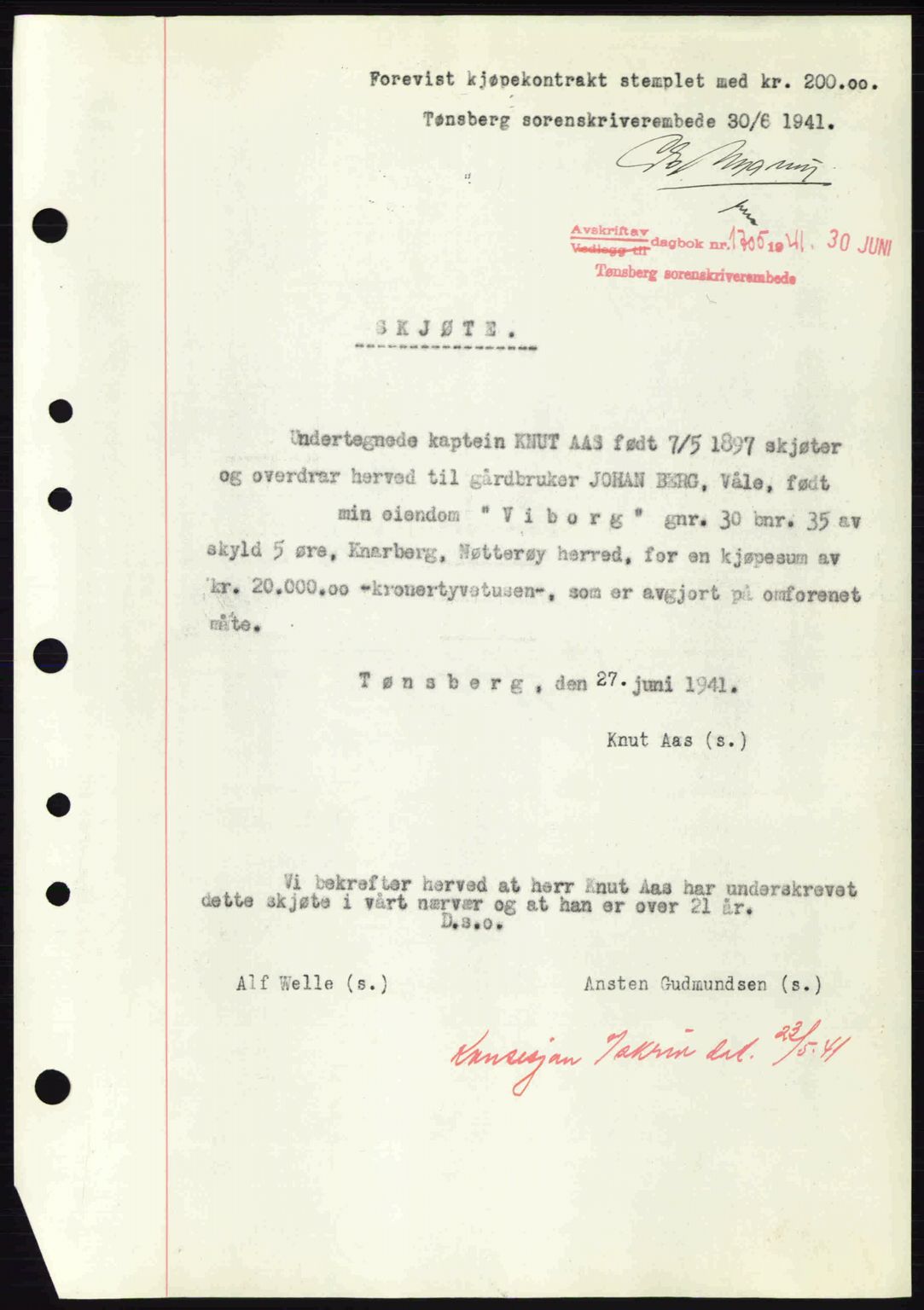 Tønsberg sorenskriveri, AV/SAKO-A-130/G/Ga/Gaa/L0010: Mortgage book no. A10, 1941-1941, Diary no: : 1705/1941