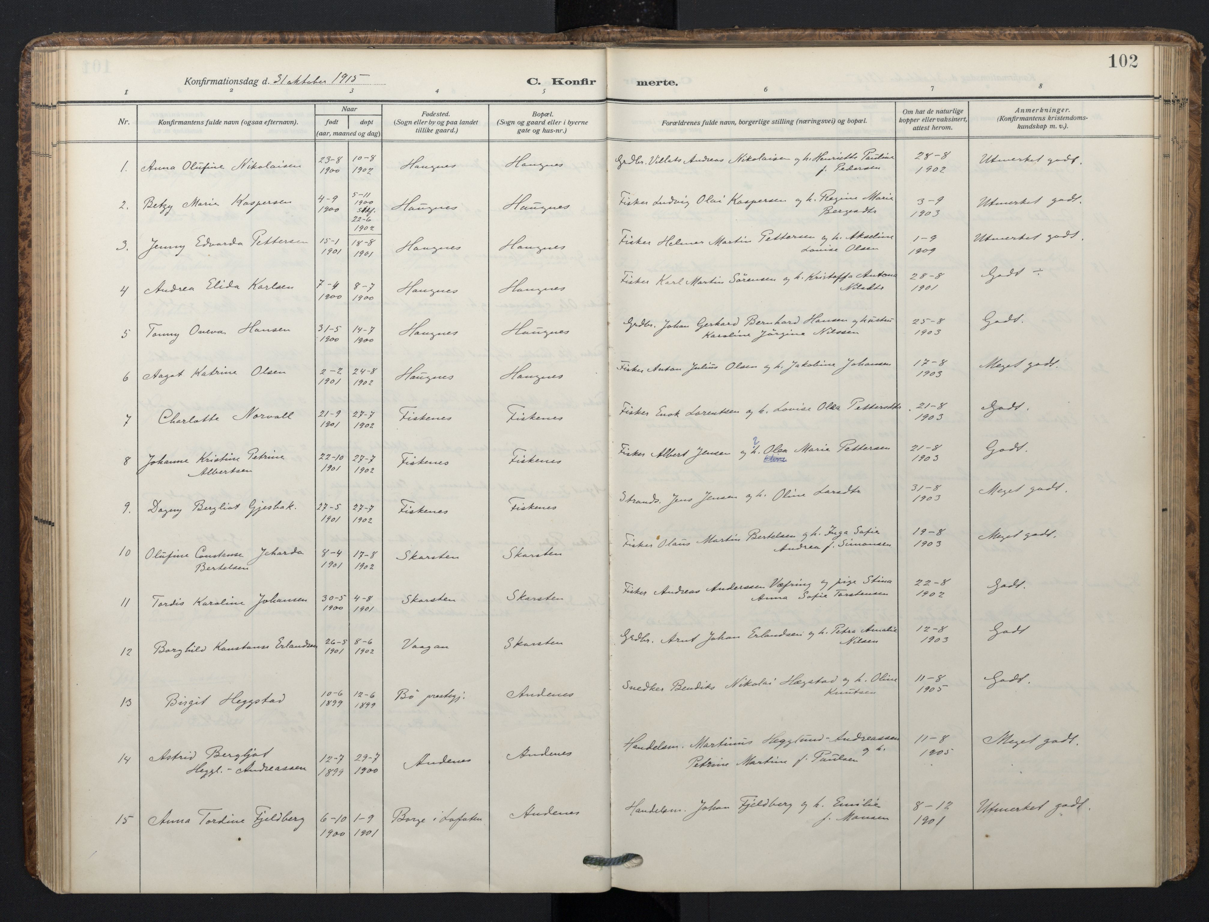 Ministerialprotokoller, klokkerbøker og fødselsregistre - Nordland, SAT/A-1459/899/L1438: Parish register (official) no. 899A06, 1909-1922, p. 102