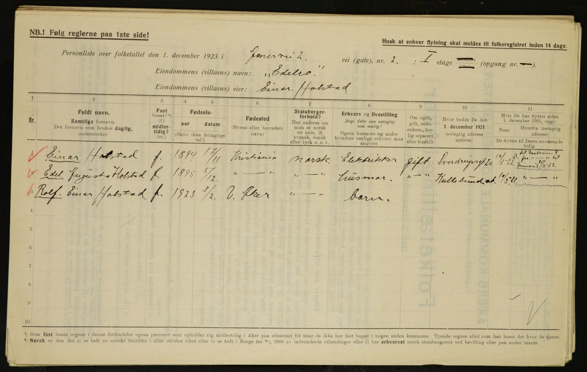 , Municipal Census 1923 for Aker, 1923, p. 7594