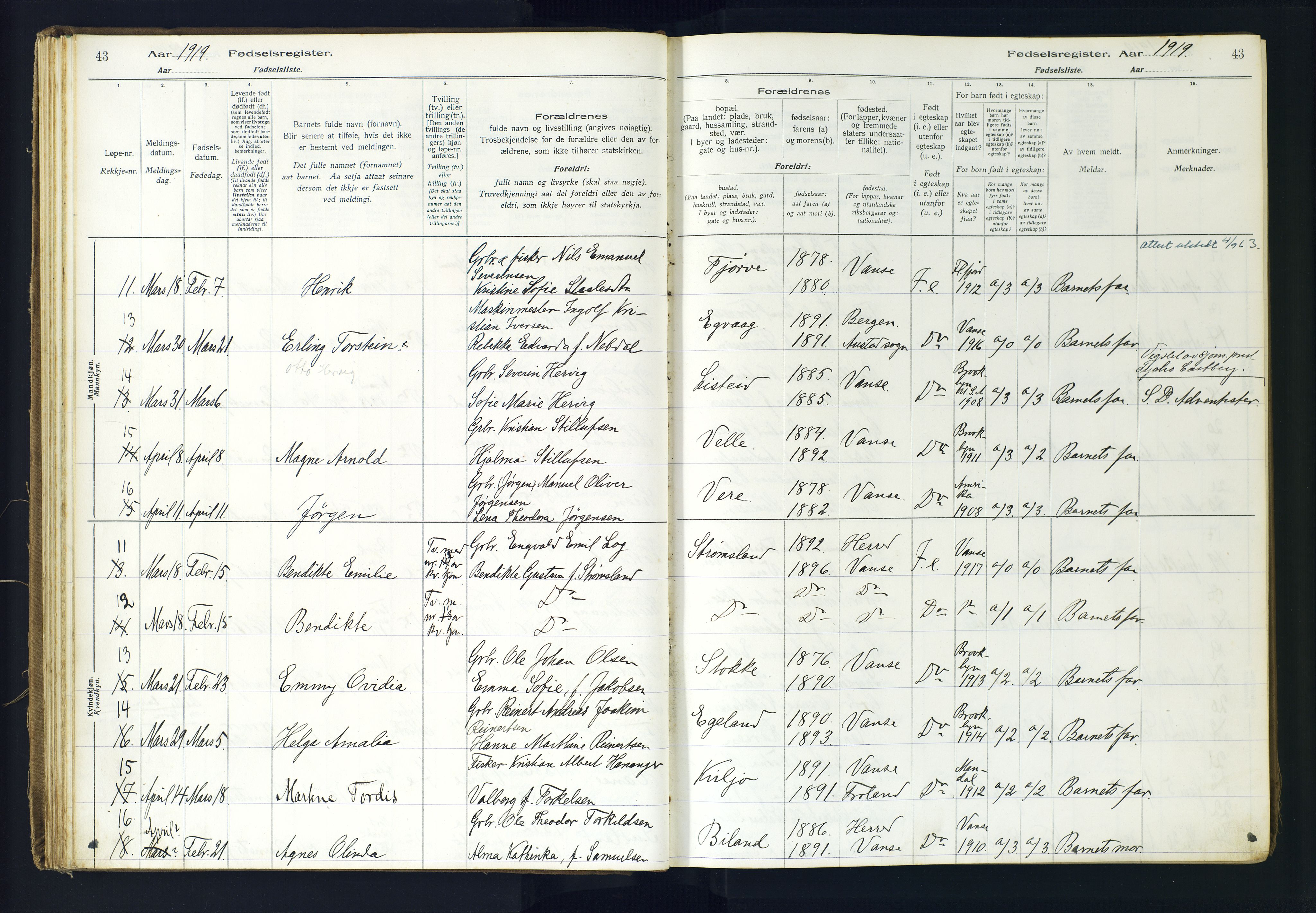 Lista sokneprestkontor, AV/SAK-1111-0027/J/Ja/L0001: Birth register no. A-VI-30, 1916-1934, p. 43
