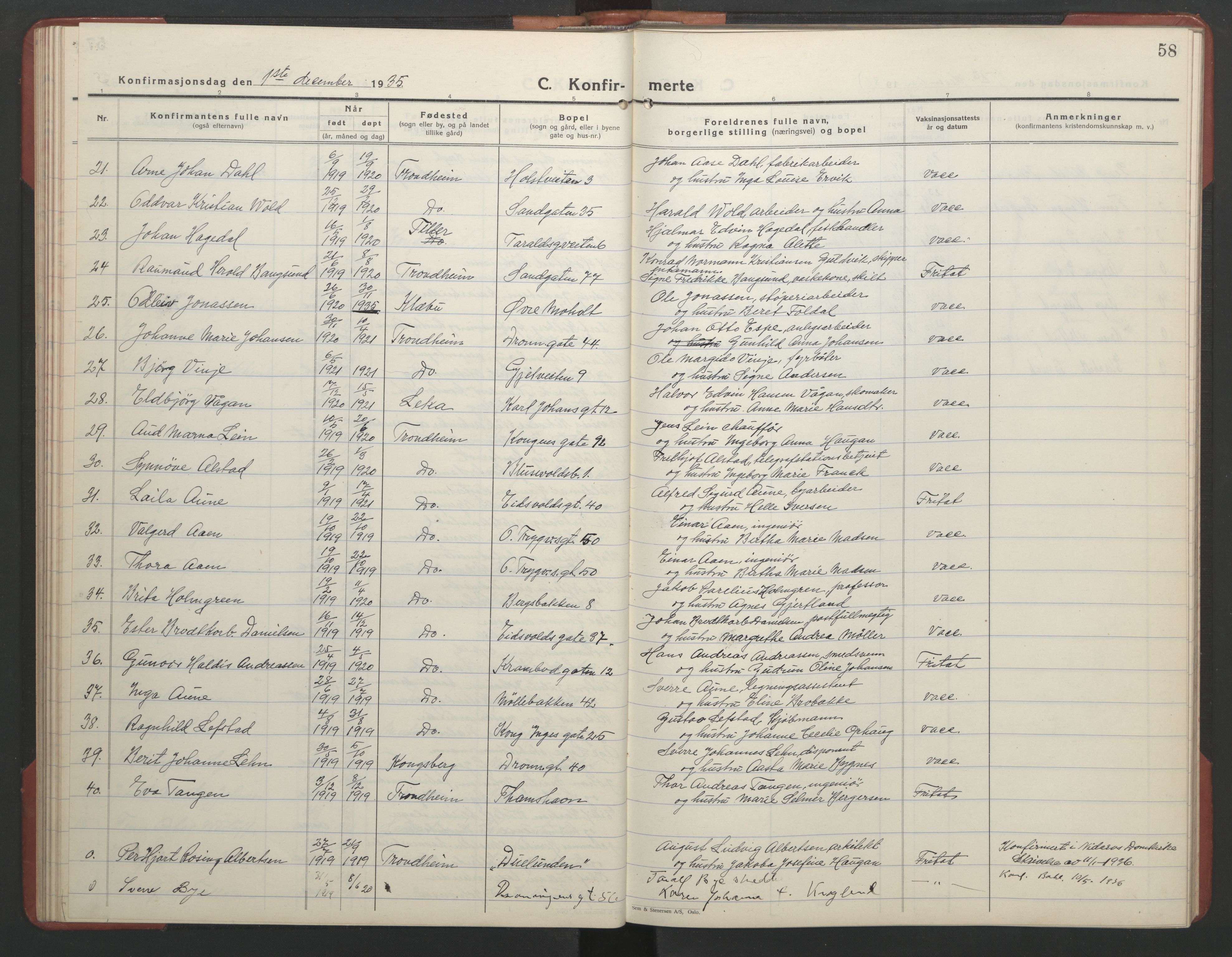 Ministerialprotokoller, klokkerbøker og fødselsregistre - Sør-Trøndelag, SAT/A-1456/602/L0151: Parish register (copy) no. 602C19, 1925-1951, p. 58