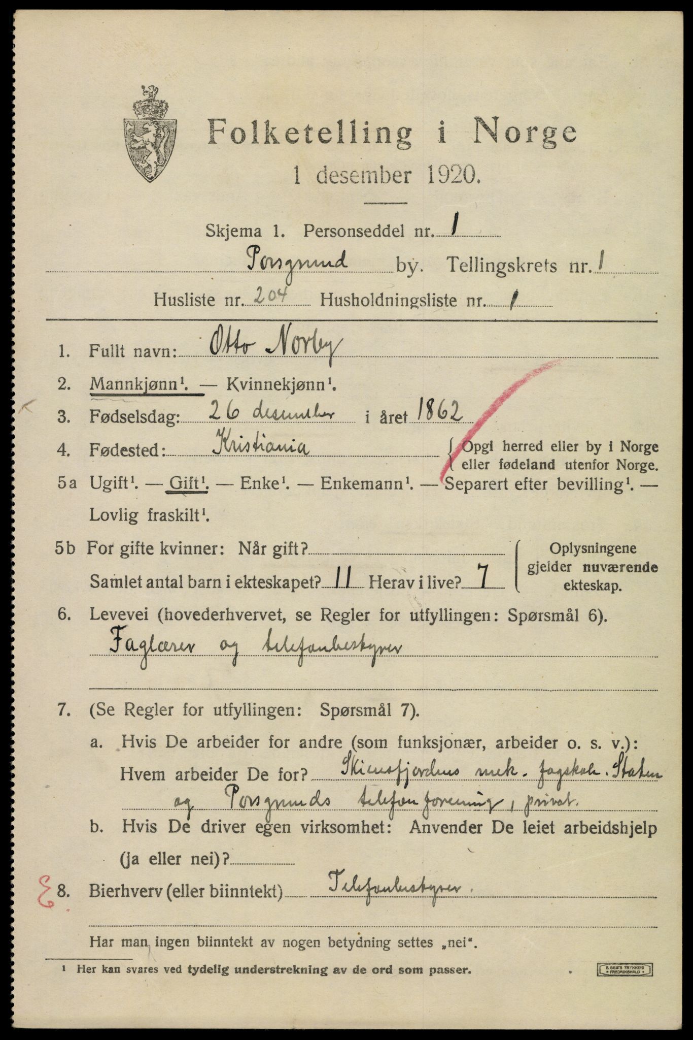 SAKO, 1920 census for Porsgrunn, 1920, p. 9449