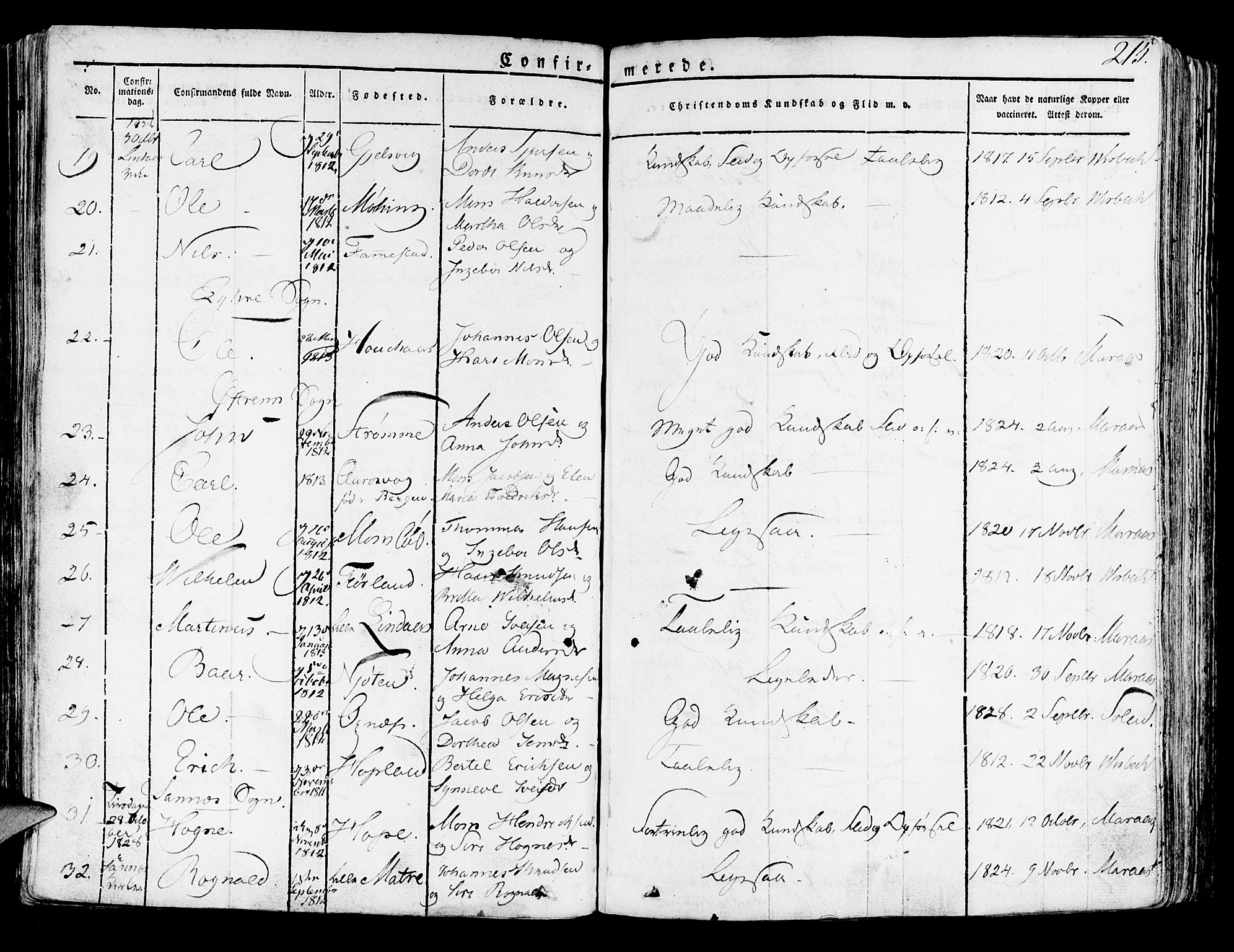 Lindås Sokneprestembete, SAB/A-76701/H/Haa: Parish register (official) no. A 8, 1823-1836, p. 215