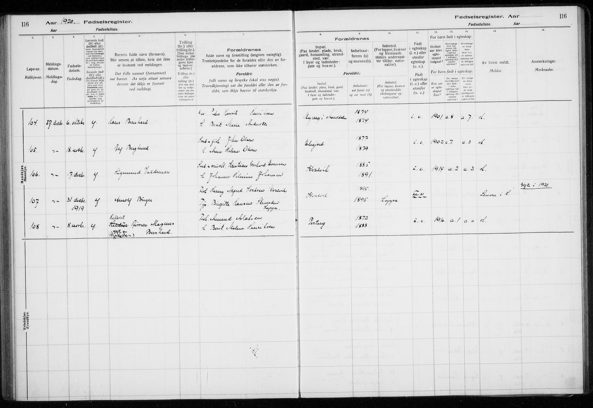 Lyngen sokneprestembete, AV/SATØ-S-1289/I/Ia/L0075: Birth register no. 75, 1916-1924, p. 116