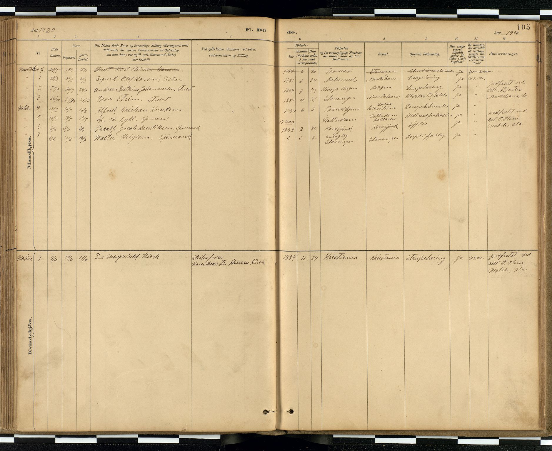 Den norske sjømannsmisjon i utlandet / Quebec (Canada) samt Pensacola--Savannah-Mobile-New Orleans-Gulfport (Gulfhamnene i USA), AV/SAB-SAB/PA-0114/H/Ha/L0001: Parish register (official) no. A 1, 1887-1924, p. 104b-105a