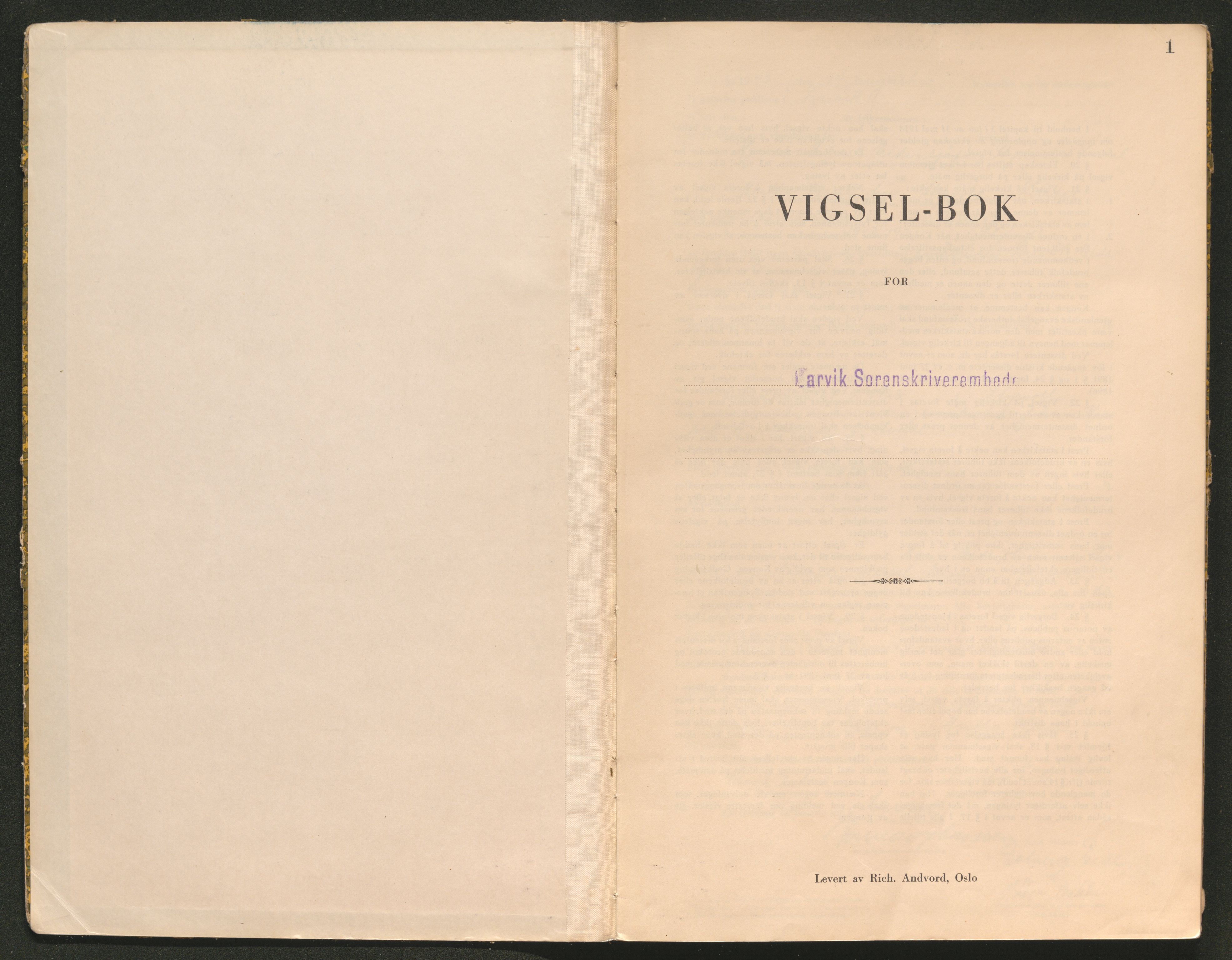 Larvik sorenskriveri, AV/SAKO-A-83/L/Lb/L0003: Vigselsprotokoll, 1943-1944, p. 1