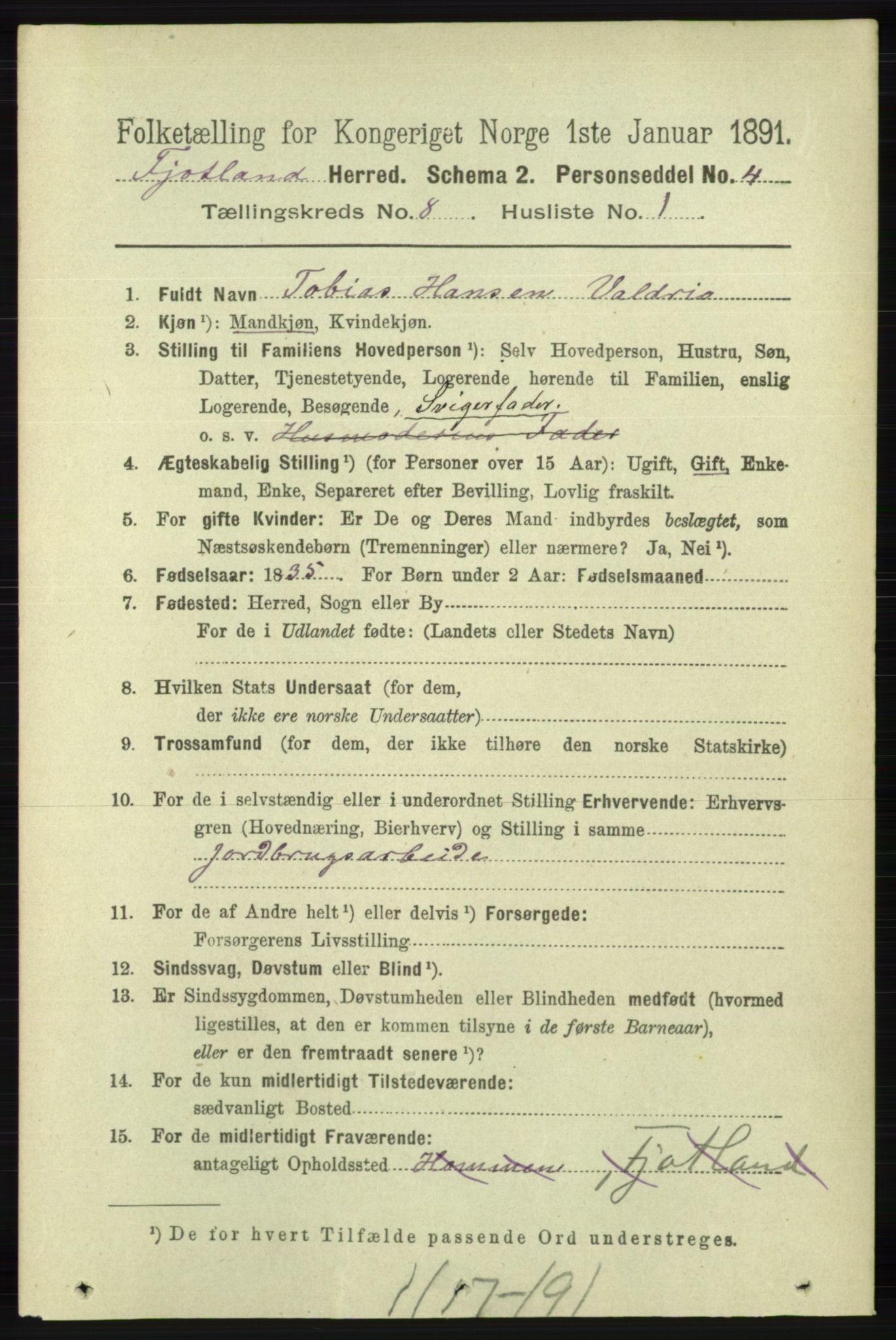 RA, 1891 census for 1036 Fjotland, 1891, p. 1192