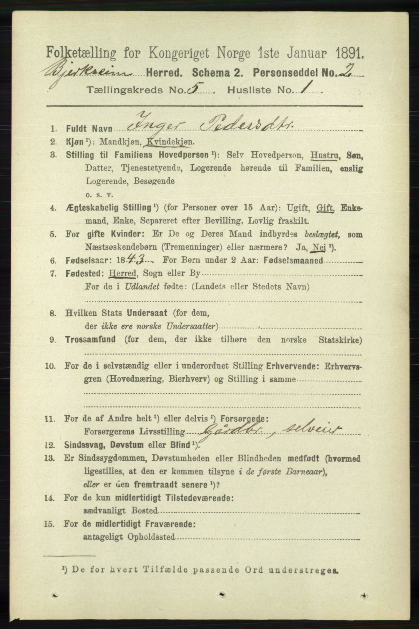 RA, 1891 census for 1114 Bjerkreim, 1891, p. 1695