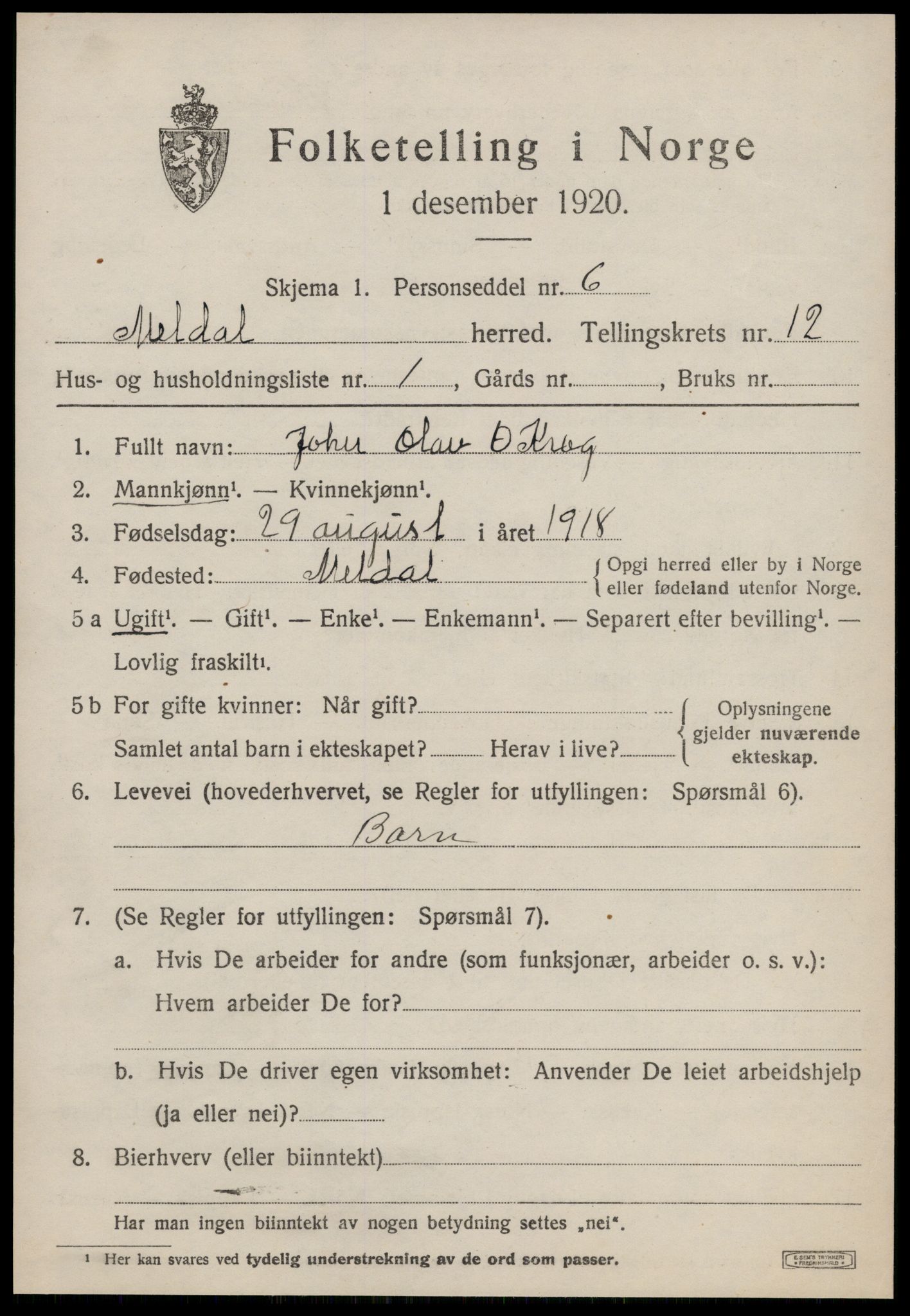 SAT, 1920 census for Meldal, 1920, p. 9141