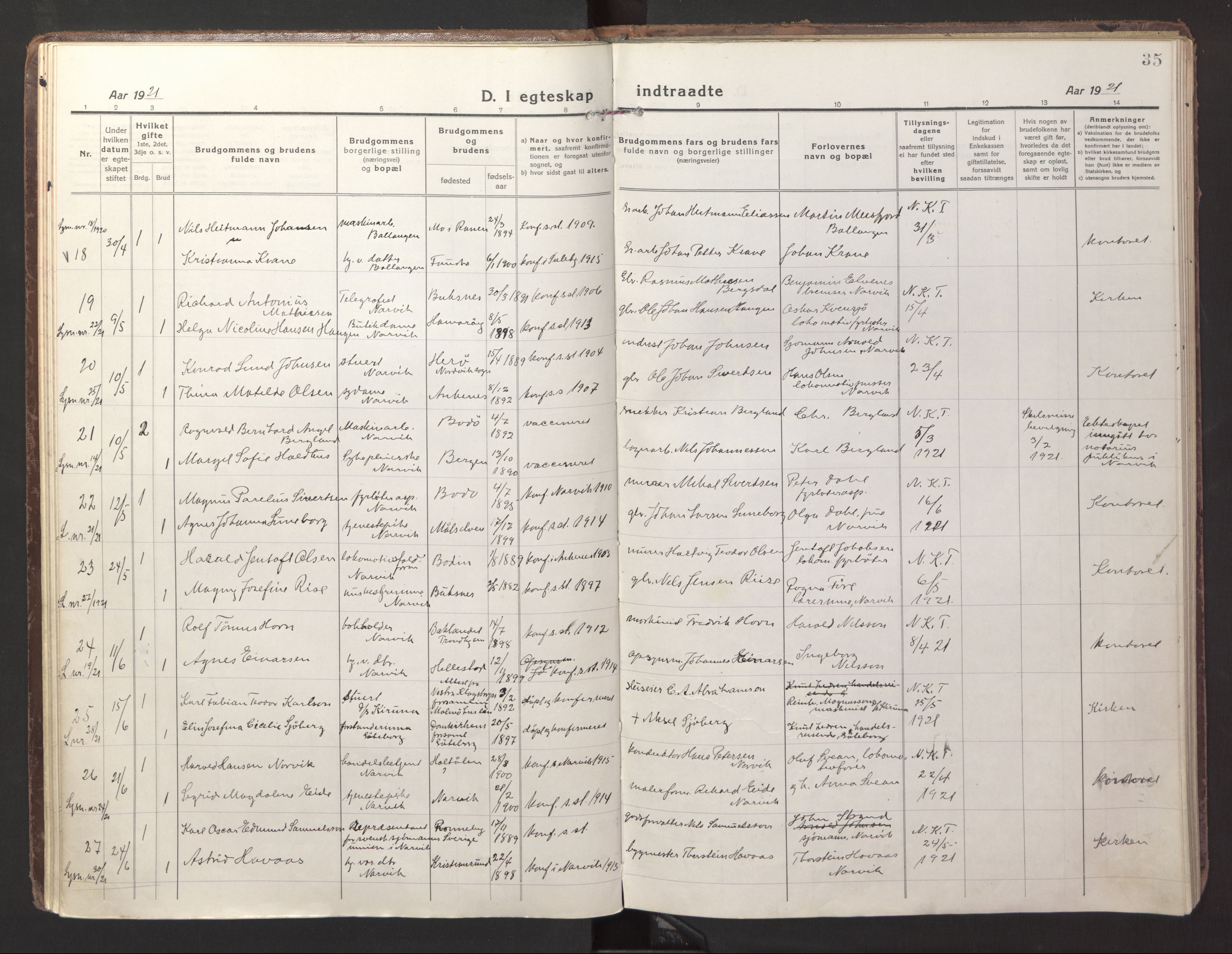 Ministerialprotokoller, klokkerbøker og fødselsregistre - Nordland, AV/SAT-A-1459/871/L1002: Parish register (official) no. 871A18, 1917-1926, p. 35