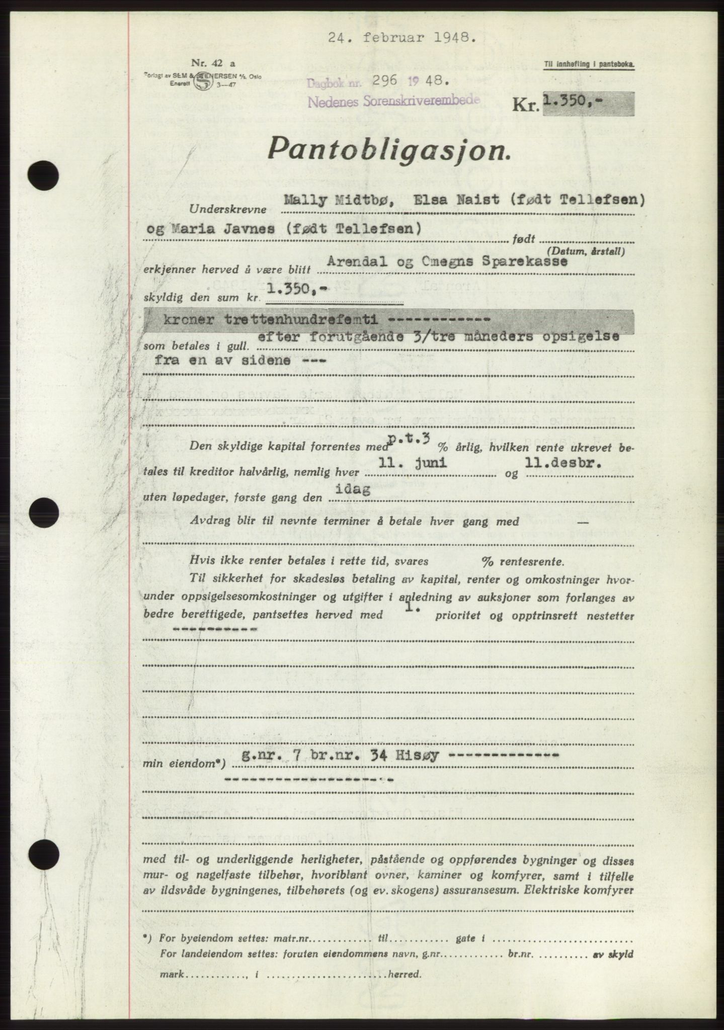 Nedenes sorenskriveri, AV/SAK-1221-0006/G/Gb/Gbb/L0005: Mortgage book no. B5, 1948-1948, Diary no: : 296/1948