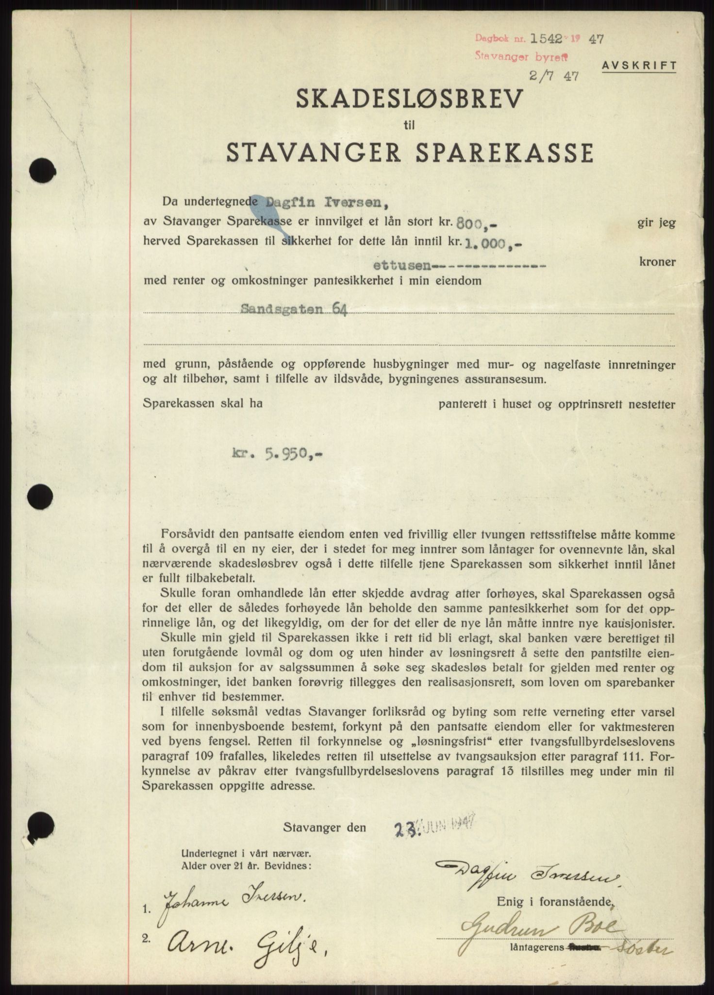Stavanger byrett, SAST/A-100455/002/G/Gb/L0032: Mortgage book, 1947-1950, Diary no: : 1542/1947