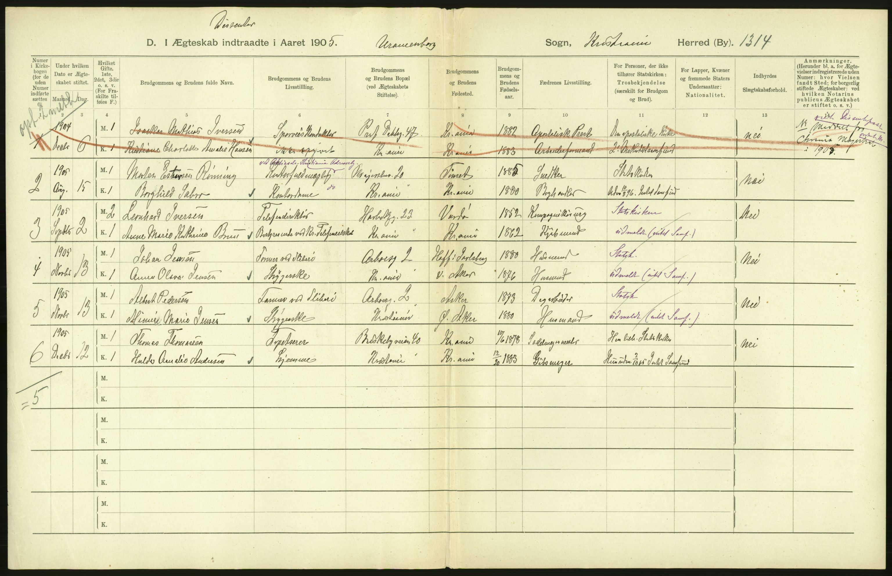 Statistisk sentralbyrå, Sosiodemografiske emner, Befolkning, AV/RA-S-2228/D/Df/Dfa/Dfac/L0007b: Kristiania: Gifte, 1905, p. 168