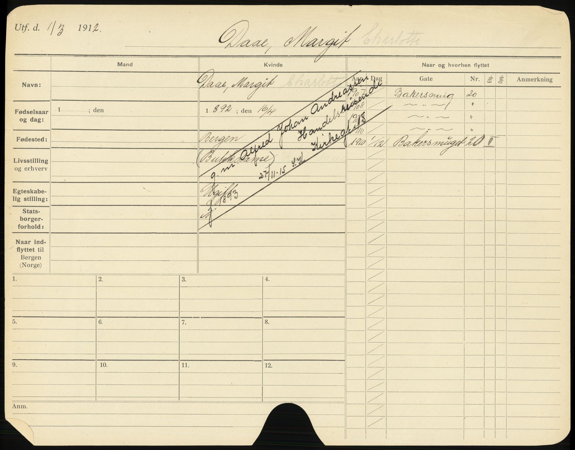 Bergen folkeregister, AV/SAB-A-17201/K/Ka/L0002: Gifte kvinner 1912 - 1919, Daae - Førland, 1912-1919