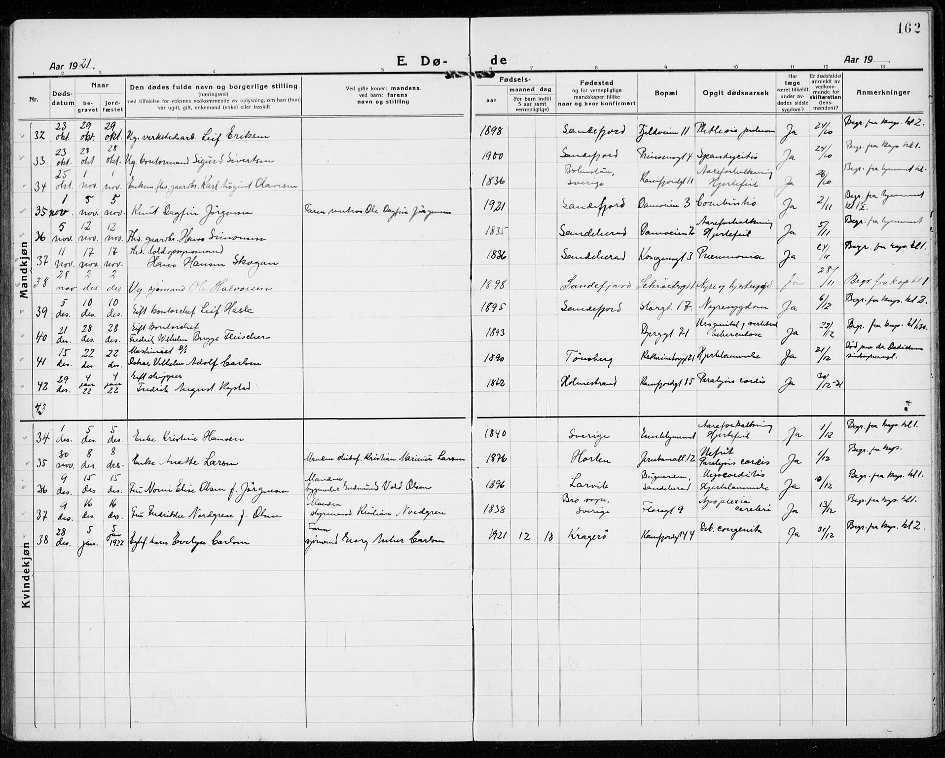 Sandefjord kirkebøker, AV/SAKO-A-315/G/Ga/L0004: Parish register (copy) no. 4, 1920-1931, p. 162