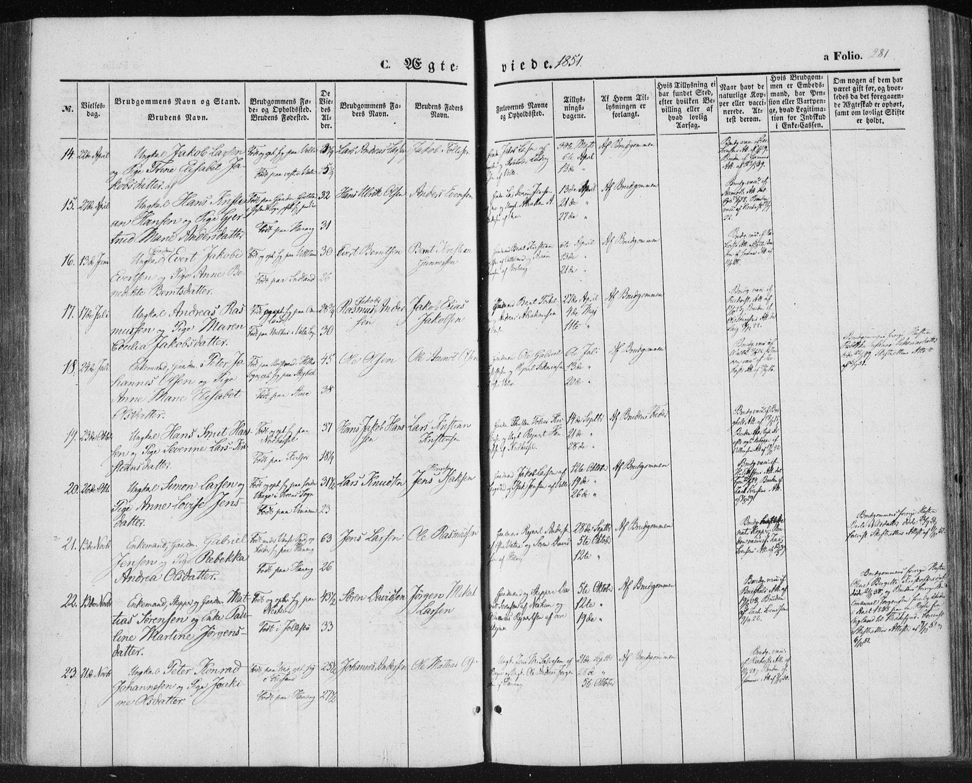 Lista sokneprestkontor, AV/SAK-1111-0027/F/Fa/L0010: Parish register (official) no. A 10, 1846-1861, p. 281