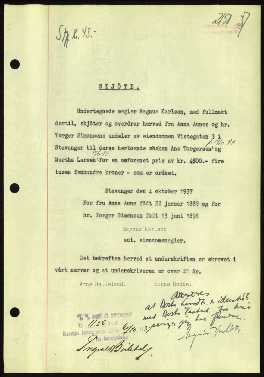 Stavanger byrett, SAST/A-100455/002/G/Gb/L0013: Mortgage book no. A3, 1937-1938, Diary no: : 2150/1937