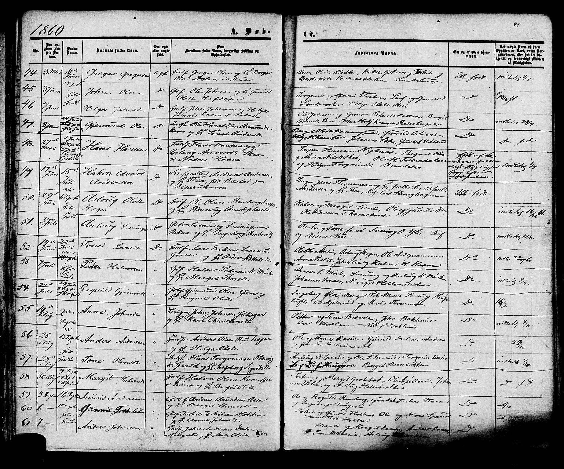 Heddal kirkebøker, AV/SAKO-A-268/F/Fa/L0007: Parish register (official) no. I 7, 1855-1877, p. 44