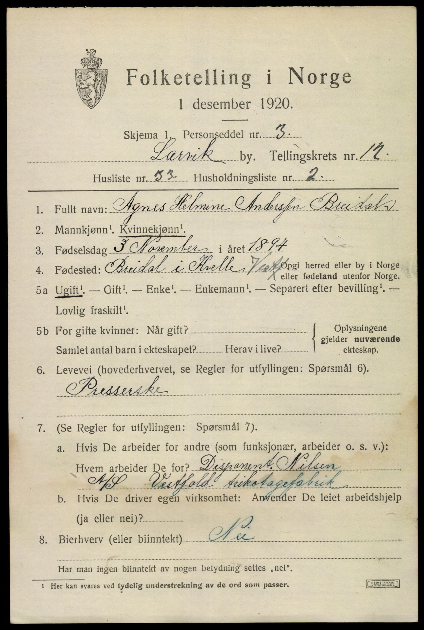 SAKO, 1920 census for Larvik, 1920, p. 31020