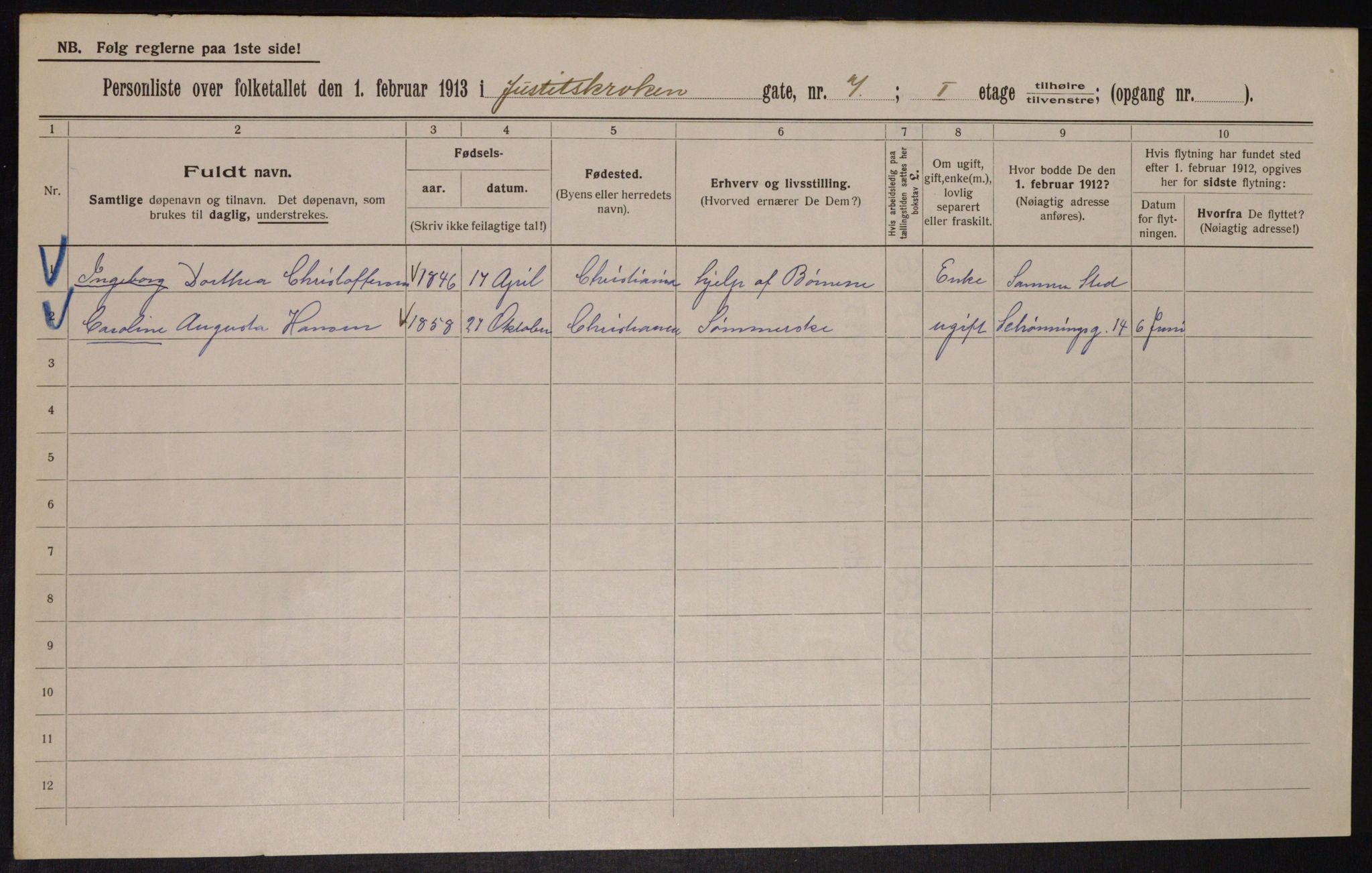 OBA, Municipal Census 1913 for Kristiania, 1913, p. 47454