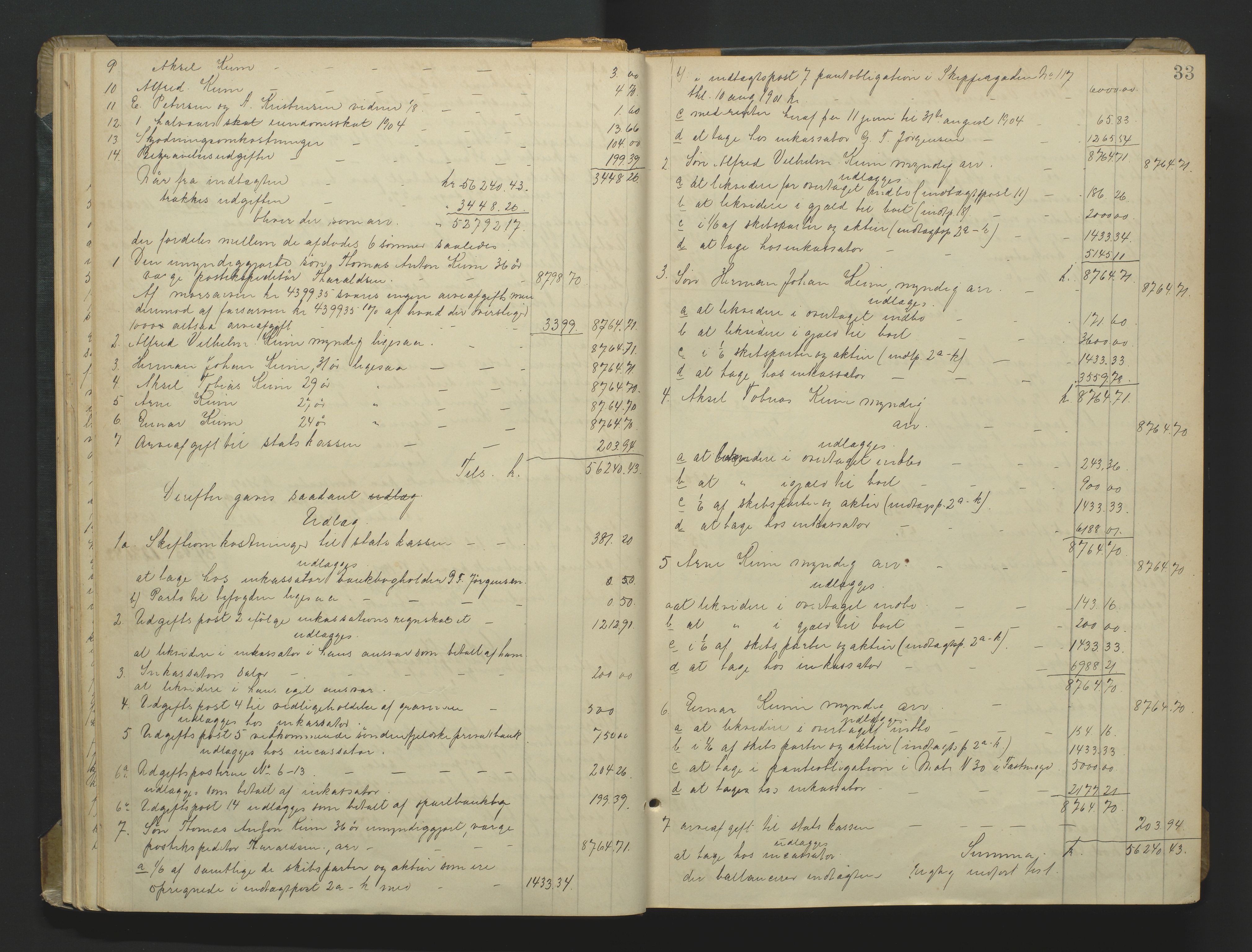 Kristiansand byrett, AV/SAK-1223-0001/H/Hc/L0060: Skifteutlodningsprotokoll nr. 6, med register, 1903-1916, p. 33