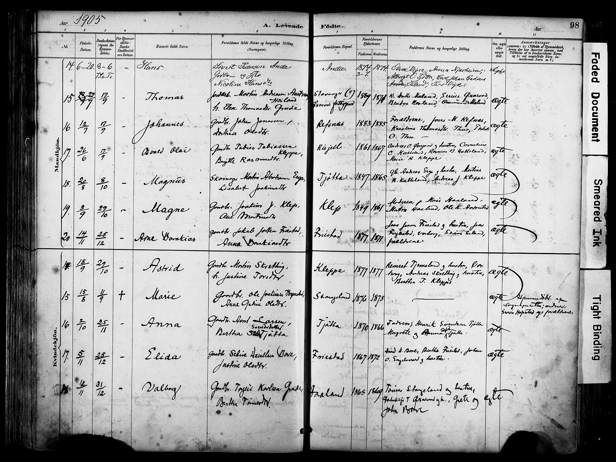 Klepp sokneprestkontor, AV/SAST-A-101803/001/3/30BA/L0009: Parish register (official) no. A 7, 1886-1915, p. 98