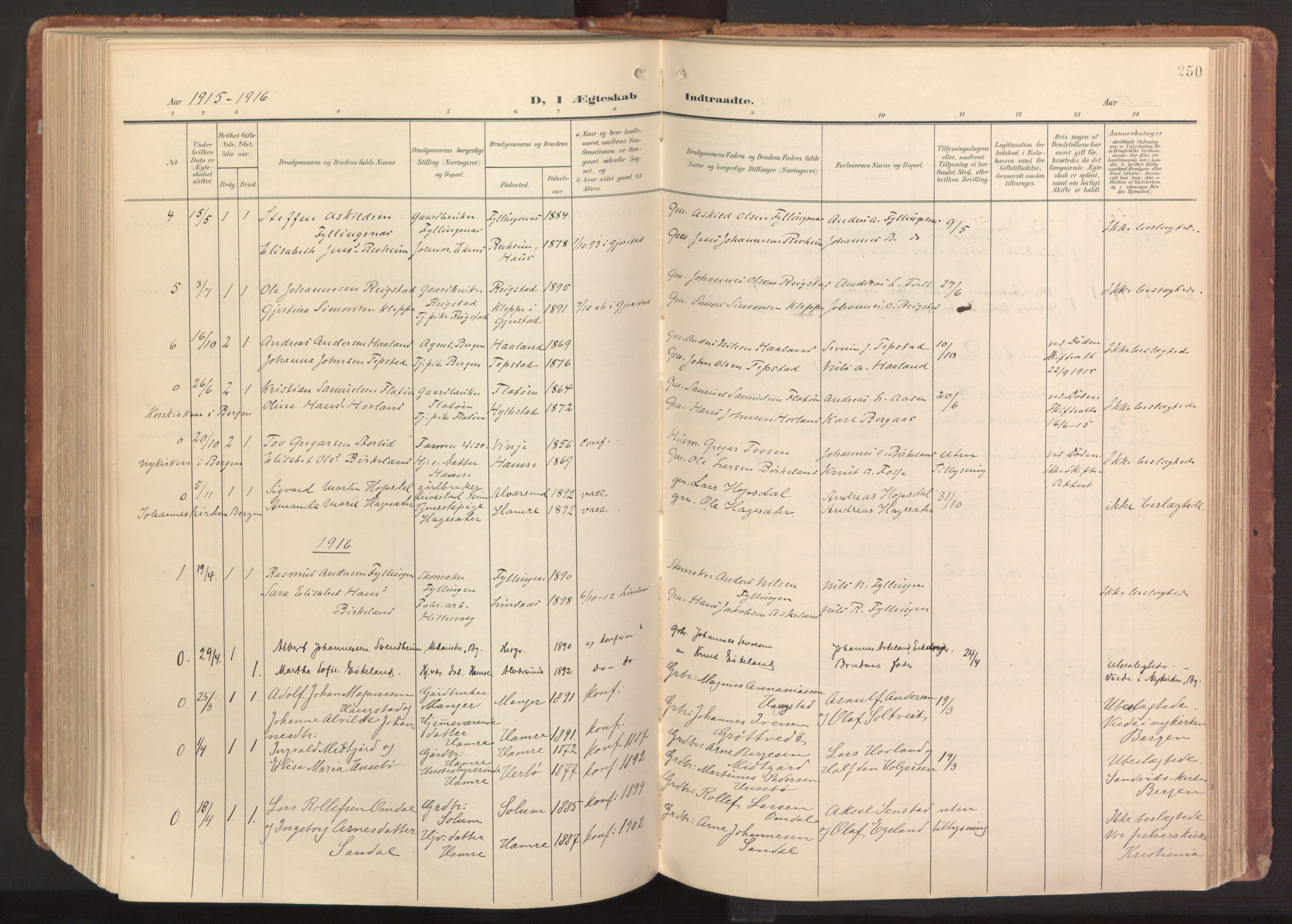 Hamre sokneprestembete, AV/SAB-A-75501/H/Ha/Haa/Haab/L0002: Parish register (official) no. B 2, 1905-1924, p. 250