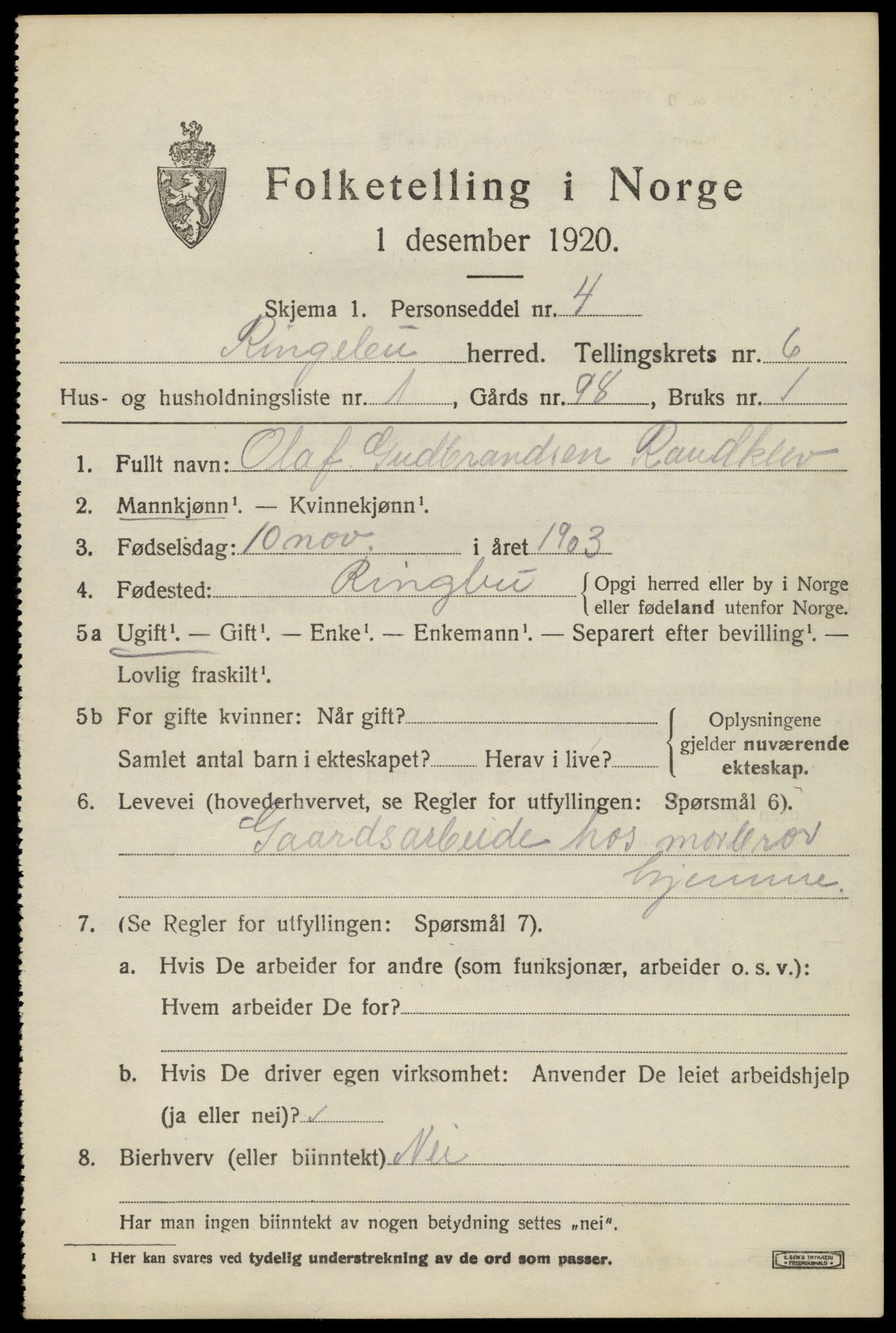 SAH, 1920 census for Ringebu, 1920, p. 7067