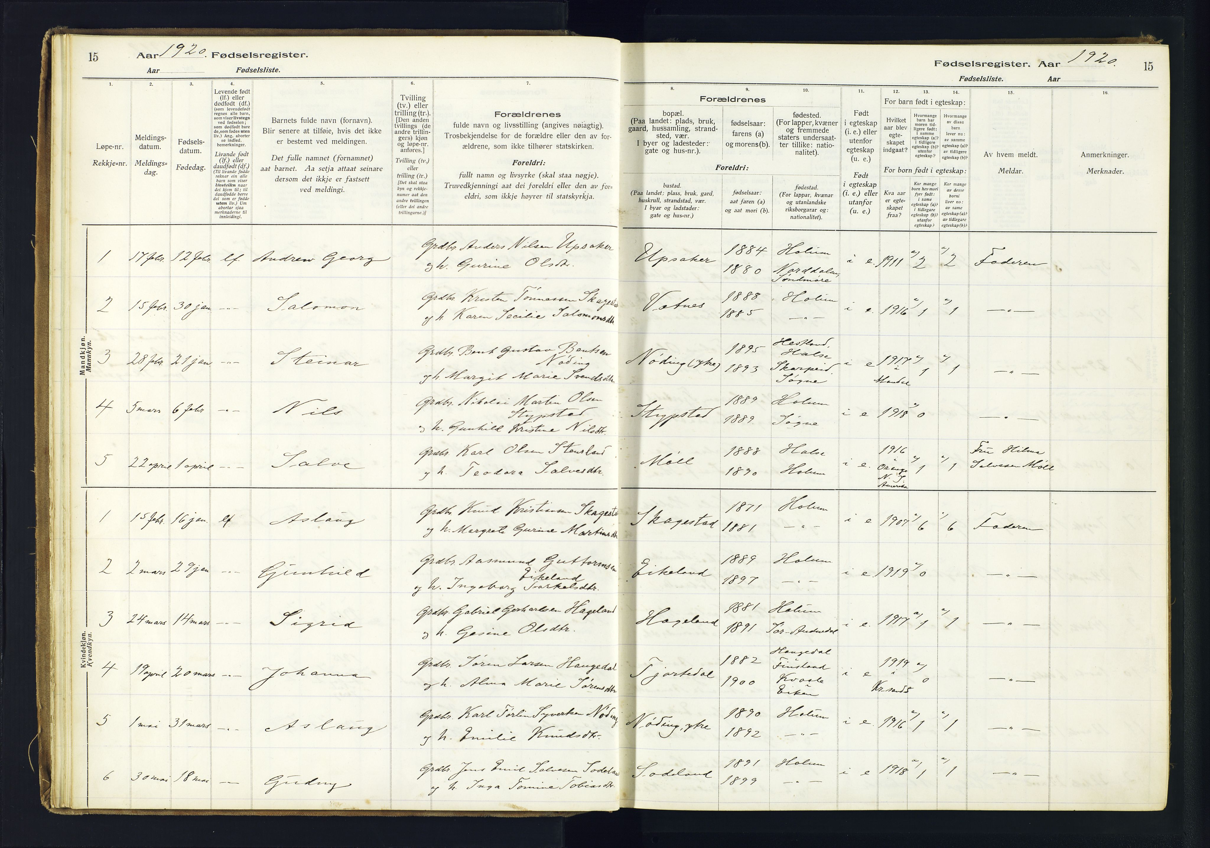 Holum sokneprestkontor, SAK/1111-0022/J/Ja/L0003: Birth register no. II.6.12, 1916-1982, p. 15