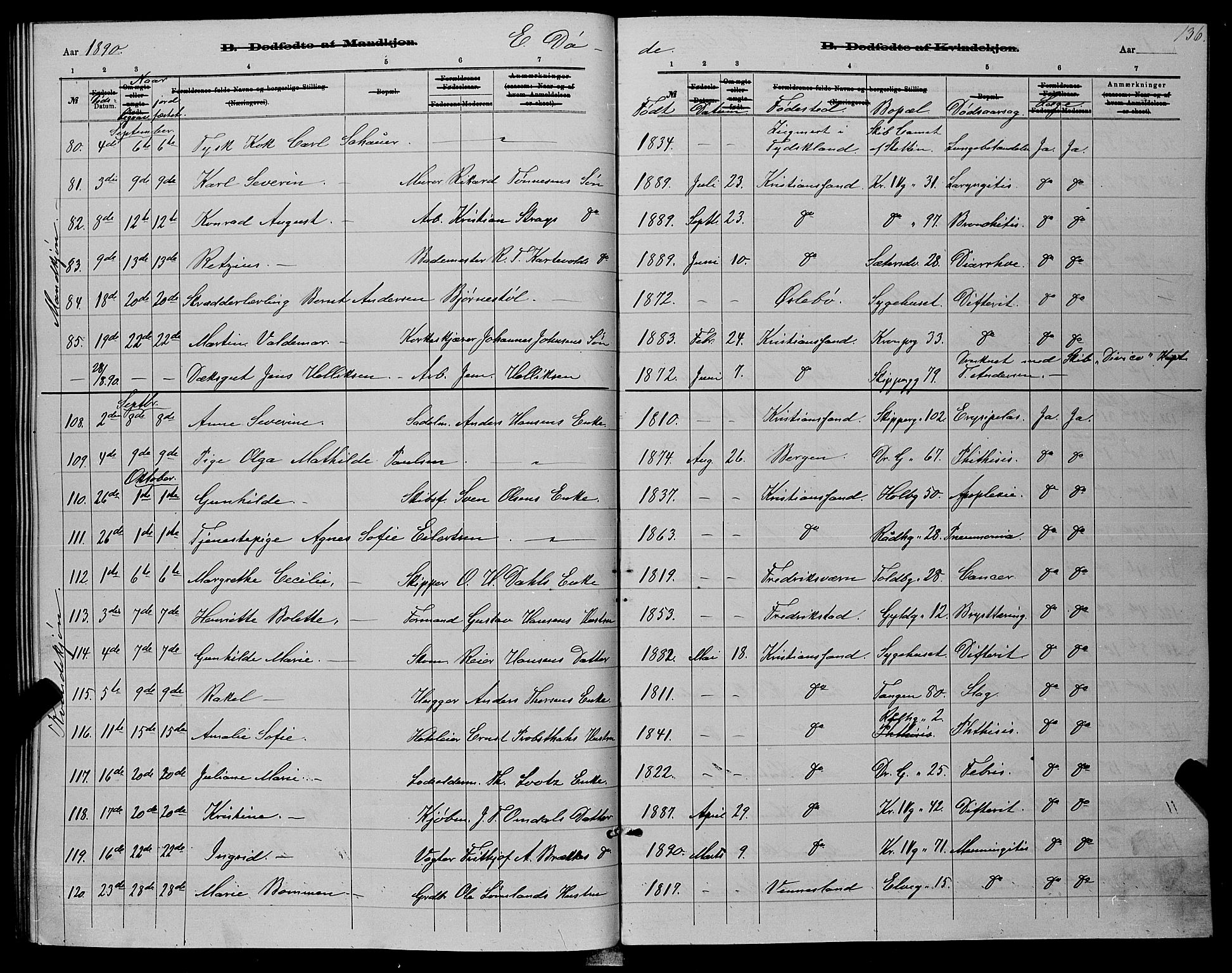 Kristiansand domprosti, SAK/1112-0006/F/Fb/L0016: Parish register (copy) no. B 16, 1881-1893, p. 136