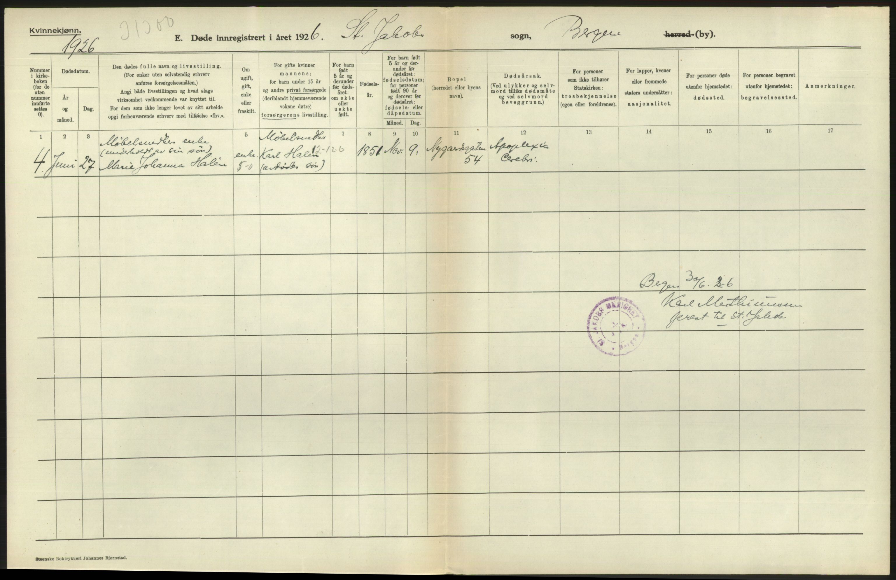 Statistisk sentralbyrå, Sosiodemografiske emner, Befolkning, AV/RA-S-2228/D/Df/Dfc/Dfcf/L0028: Bergen: Gifte, døde, dødfødte., 1926, p. 524