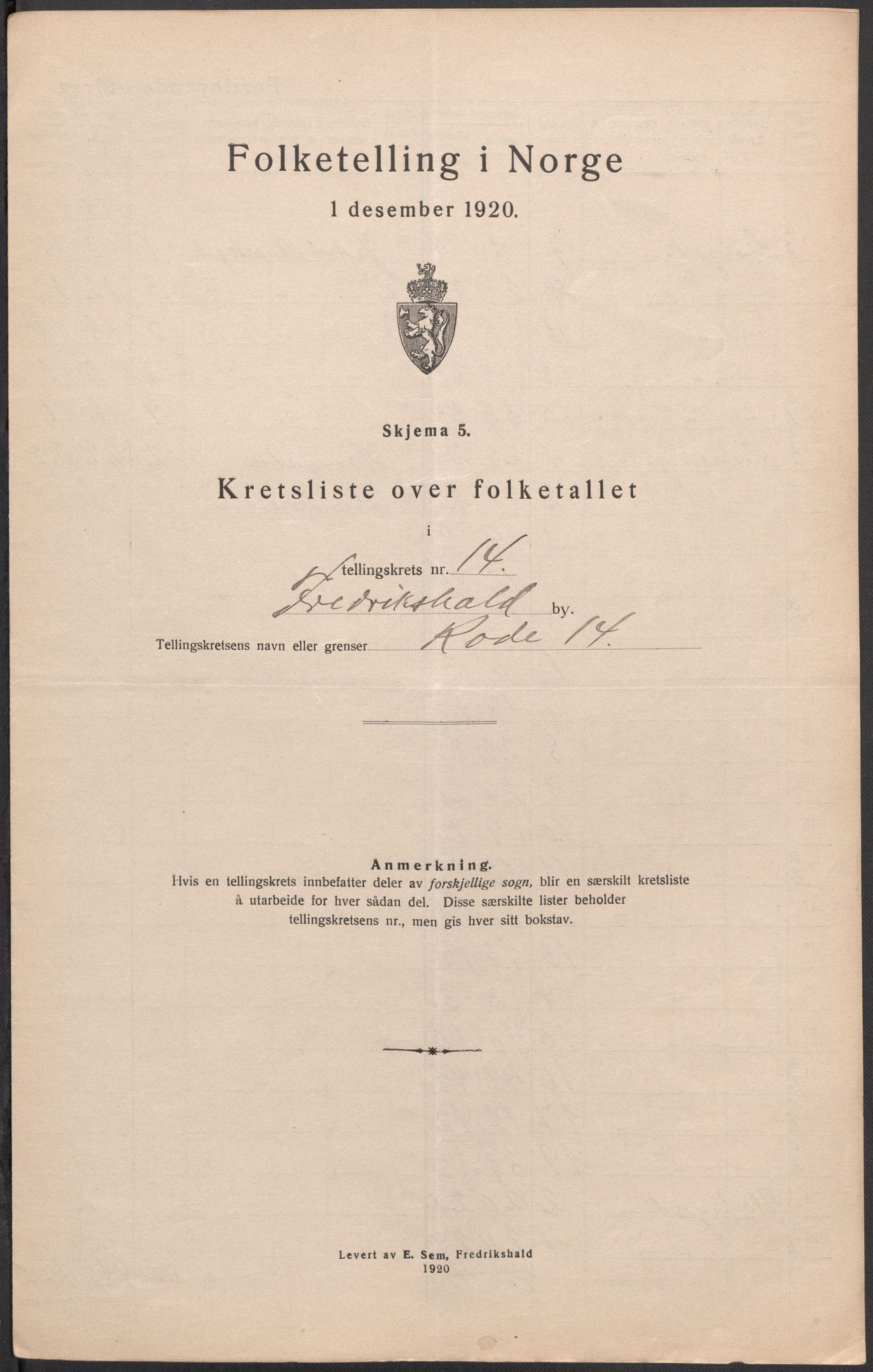 SAO, 1920 census for Fredrikshald, 1920, p. 45