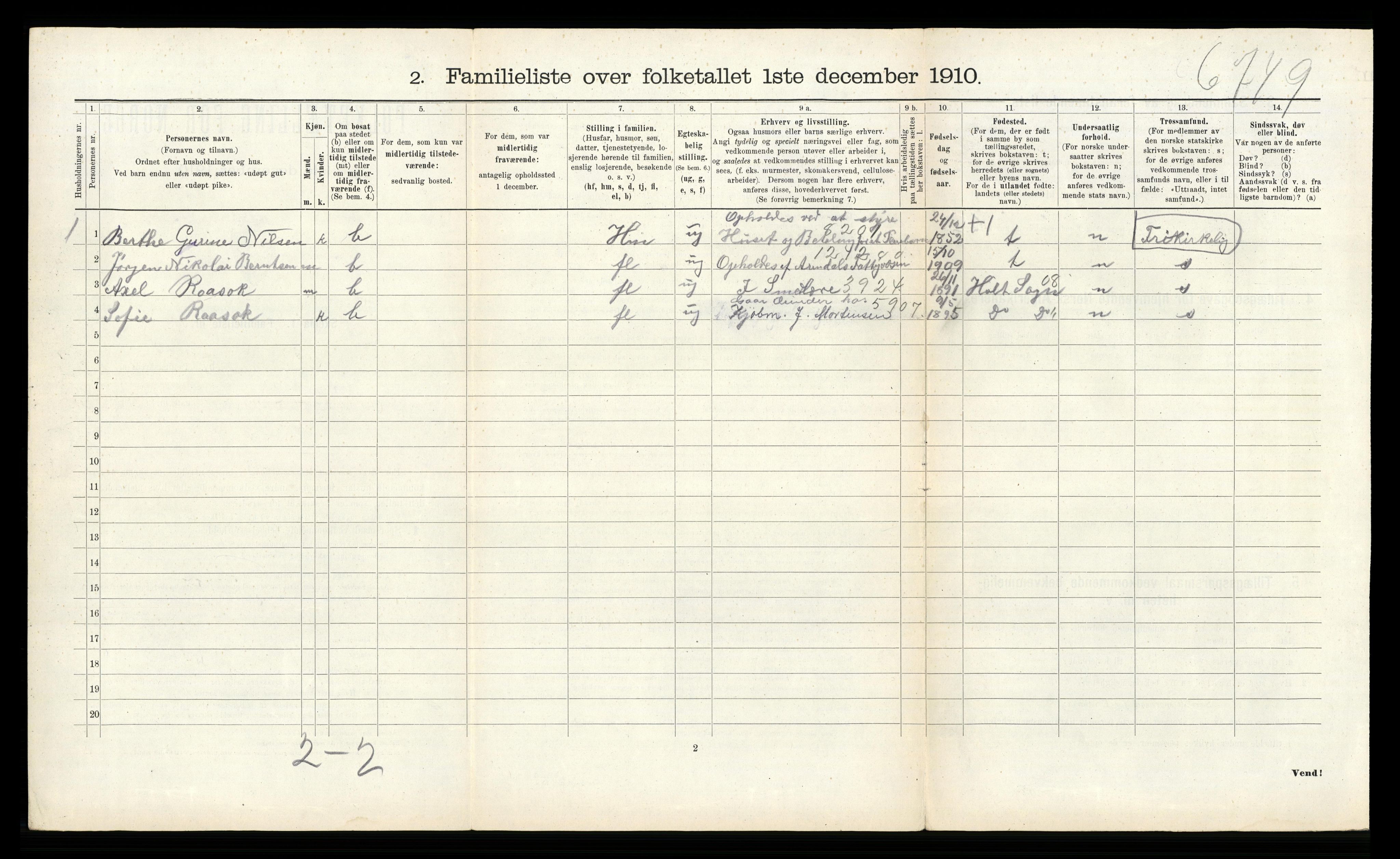 RA, 1910 census for Arendal, 1910, p. 6968