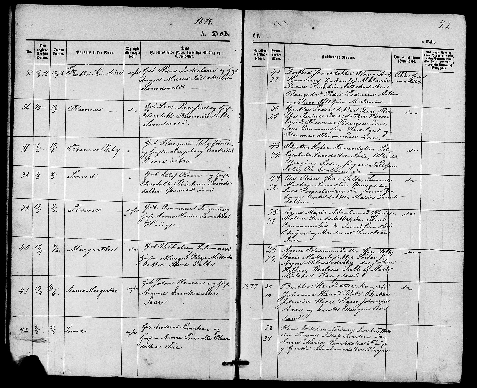 Klepp sokneprestkontor, AV/SAST-A-101803/001/3/30BB/L0003: Parish register (copy) no. B 3, 1876-1888, p. 22