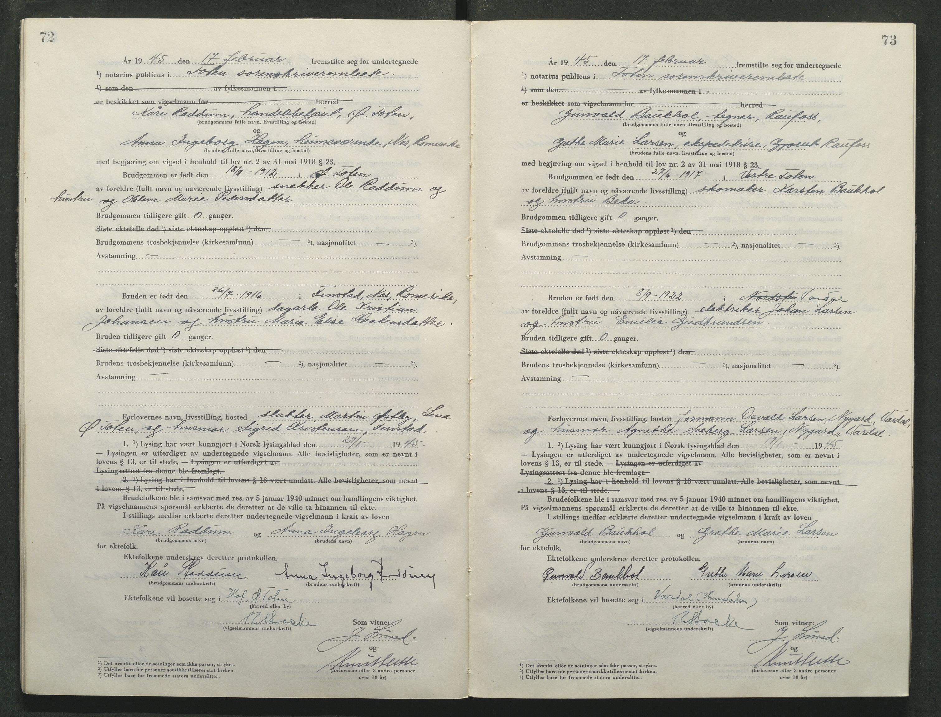Toten tingrett, AV/SAH-TING-006/L/Lc/L0005: Vigselbok, 1944-1948, p. 72-73
