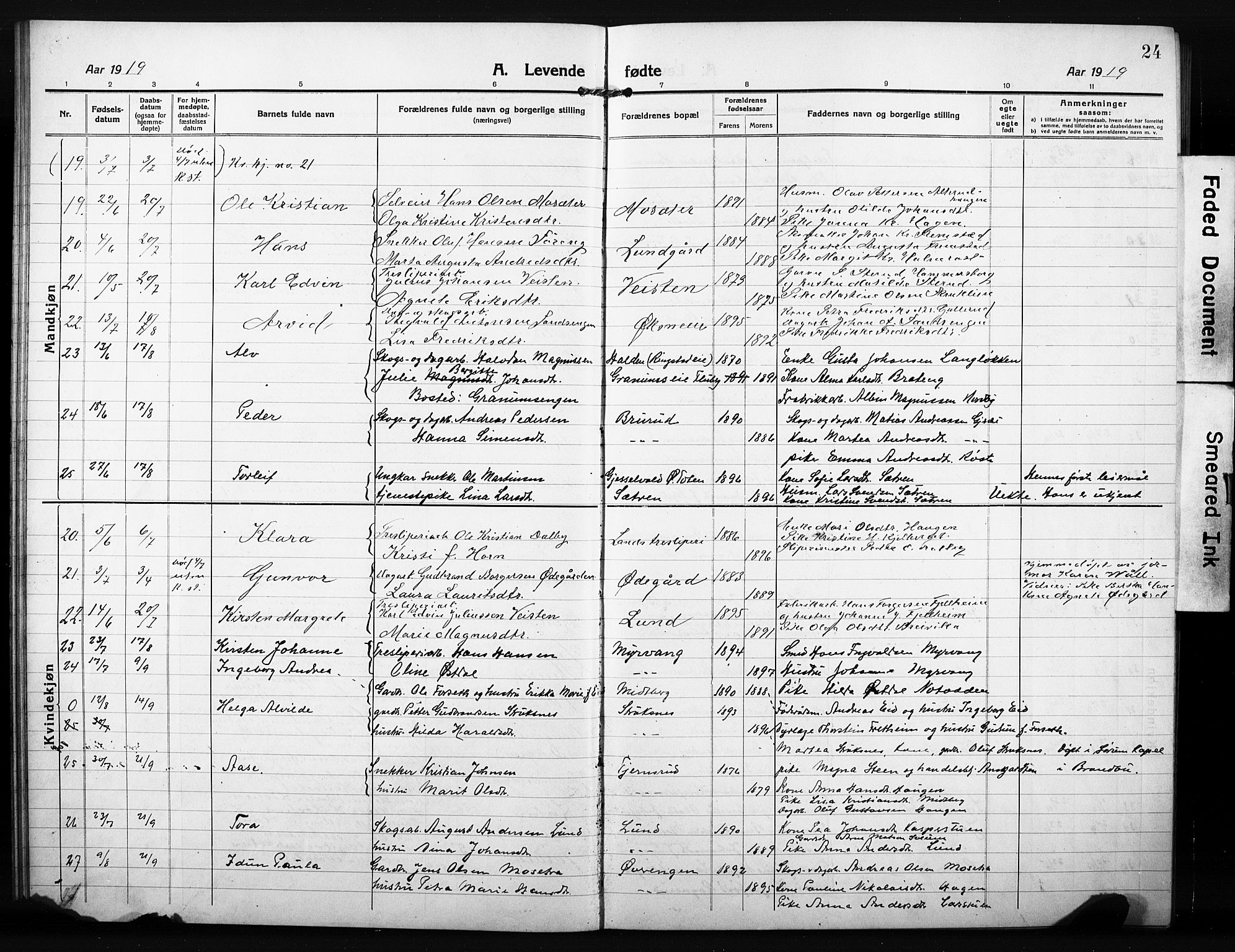 Søndre Land prestekontor, AV/SAH-PREST-122/L/L0007: Parish register (copy) no. 7, 1915-1932, p. 24