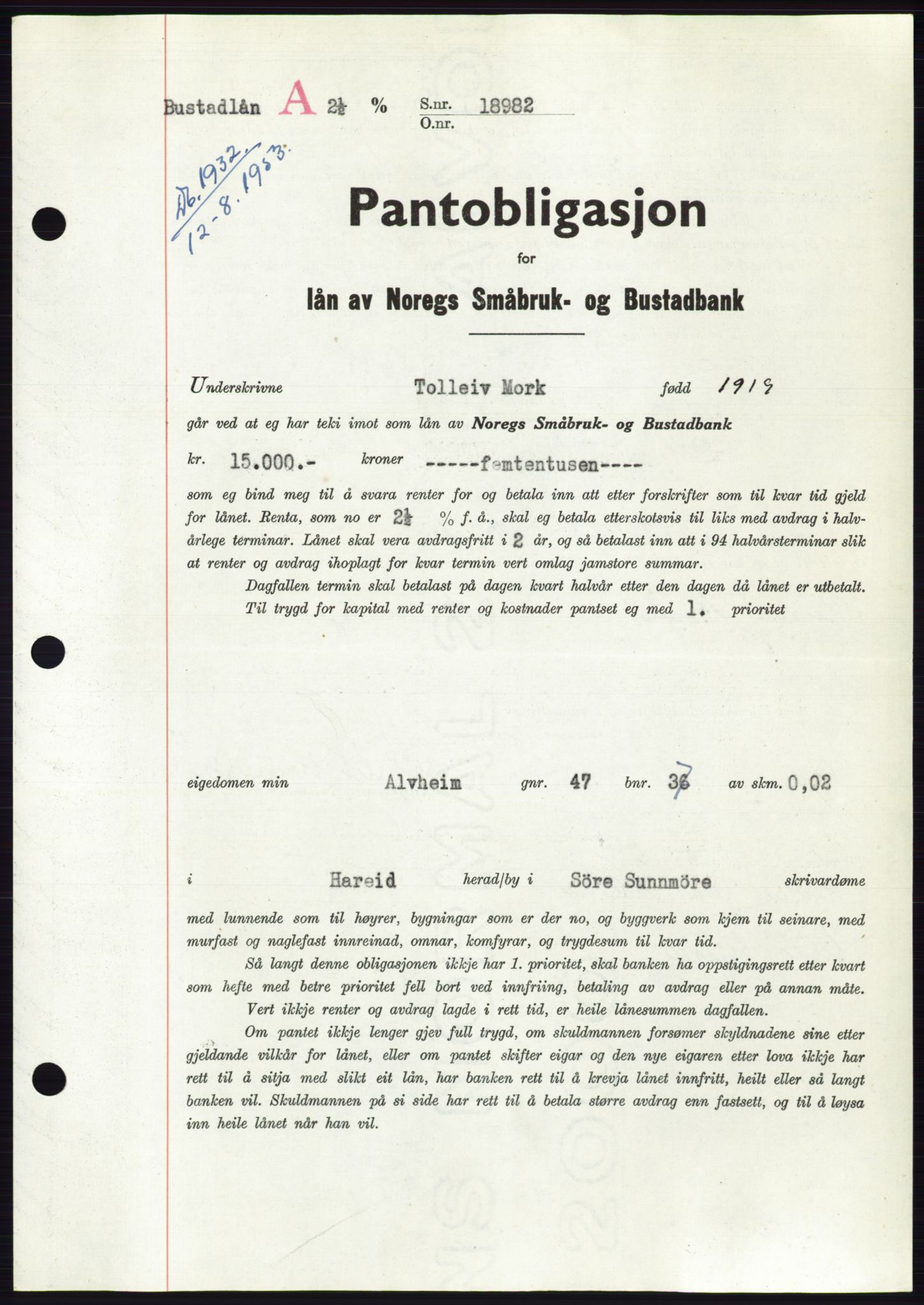 Søre Sunnmøre sorenskriveri, AV/SAT-A-4122/1/2/2C/L0123: Mortgage book no. 11B, 1953-1953, Diary no: : 1932/1953