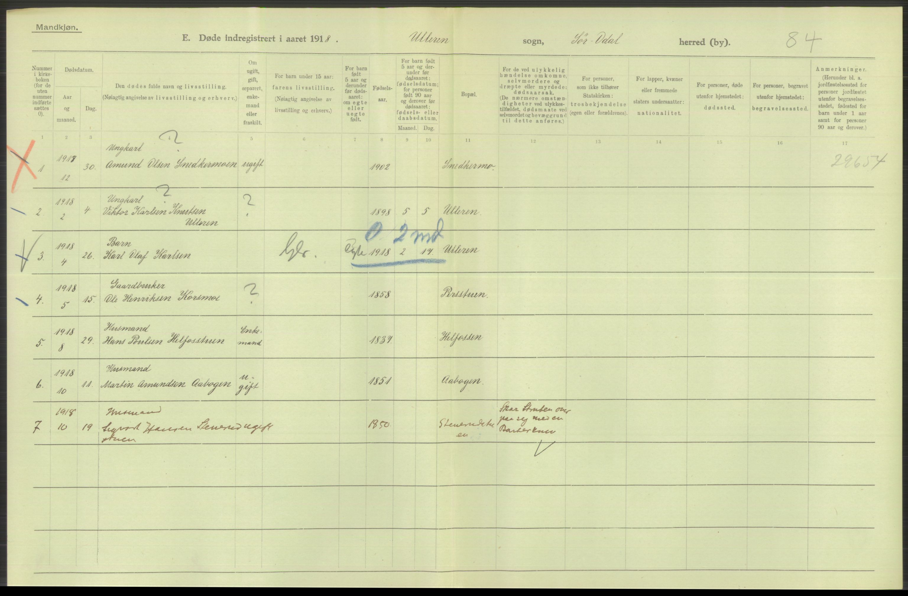 Statistisk sentralbyrå, Sosiodemografiske emner, Befolkning, AV/RA-S-2228/D/Df/Dfb/Dfbh/L0014: Hedemarkens fylke: Døde. Bygder og byer., 1918, p. 442