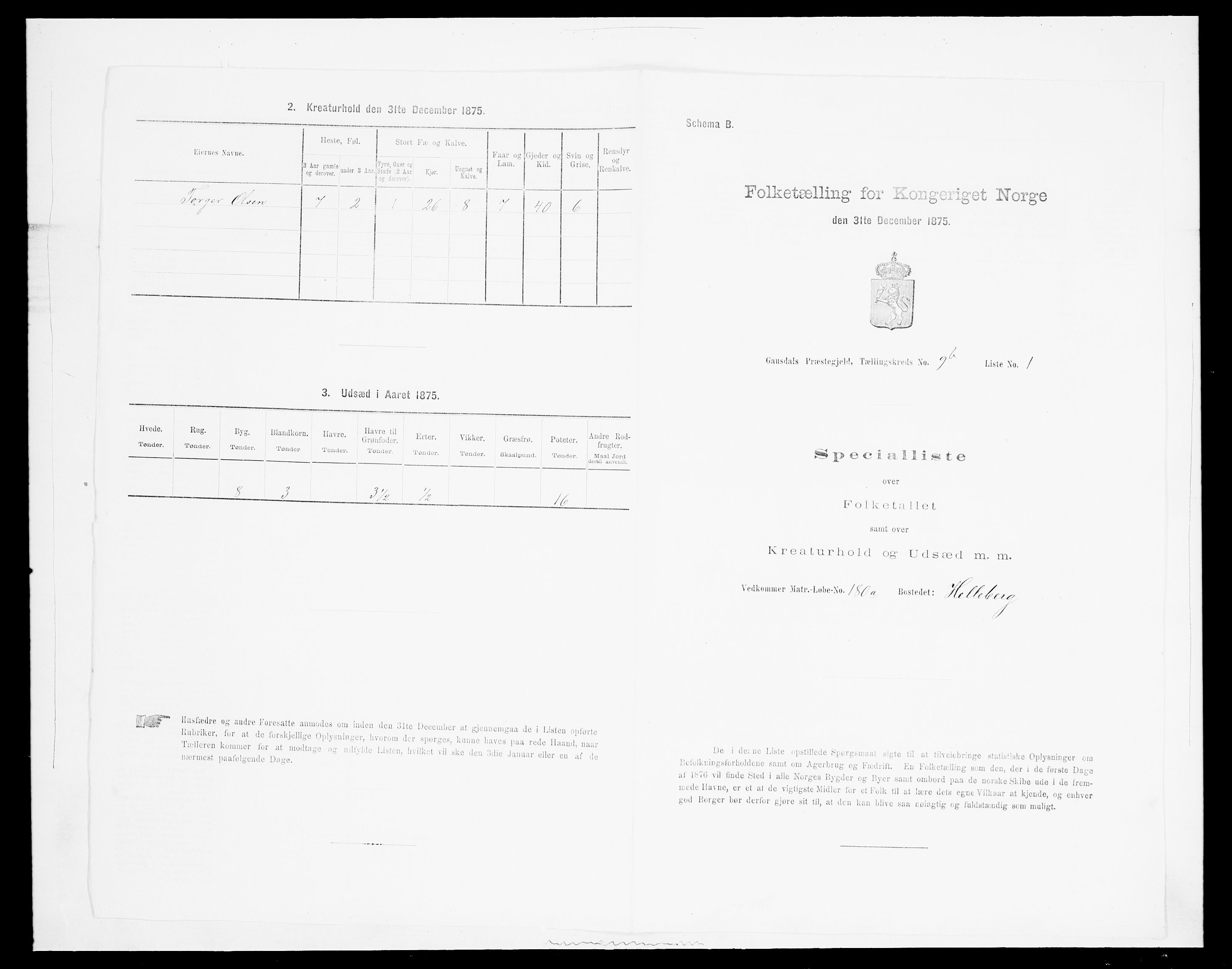 SAH, 1875 census for 0522P Gausdal, 1875, p. 1596