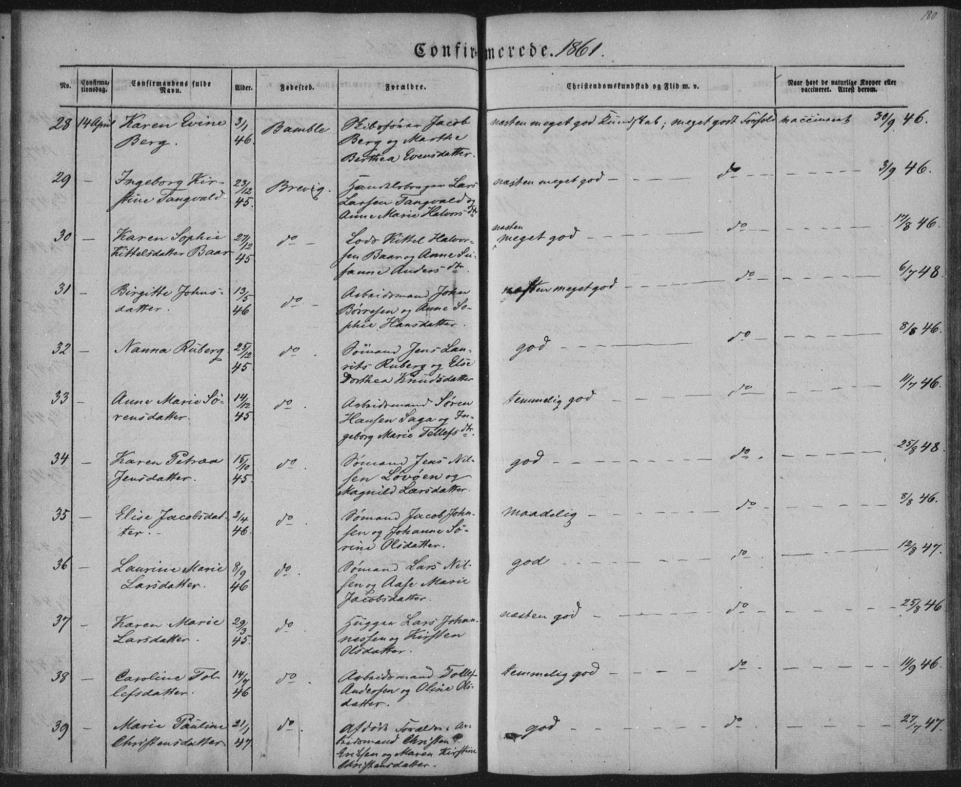 Brevik kirkebøker, SAKO/A-255/F/Fa/L0005: Parish register (official) no. 5, 1847-1865, p. 180