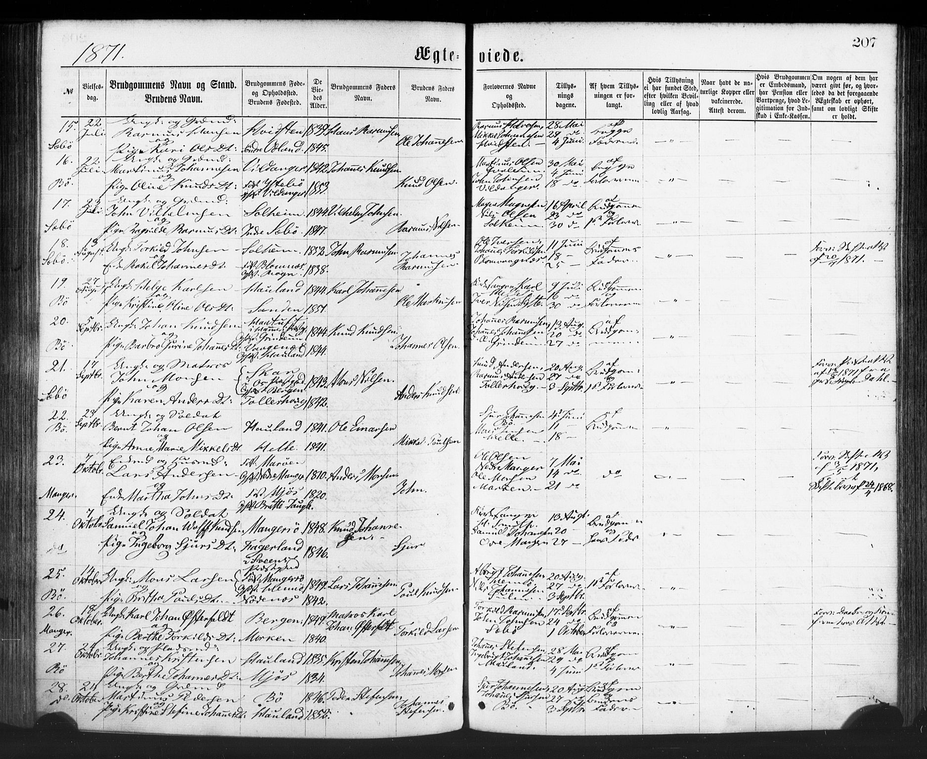Manger sokneprestembete, SAB/A-76801/H/Haa: Parish register (official) no. A 8, 1871-1880, p. 207