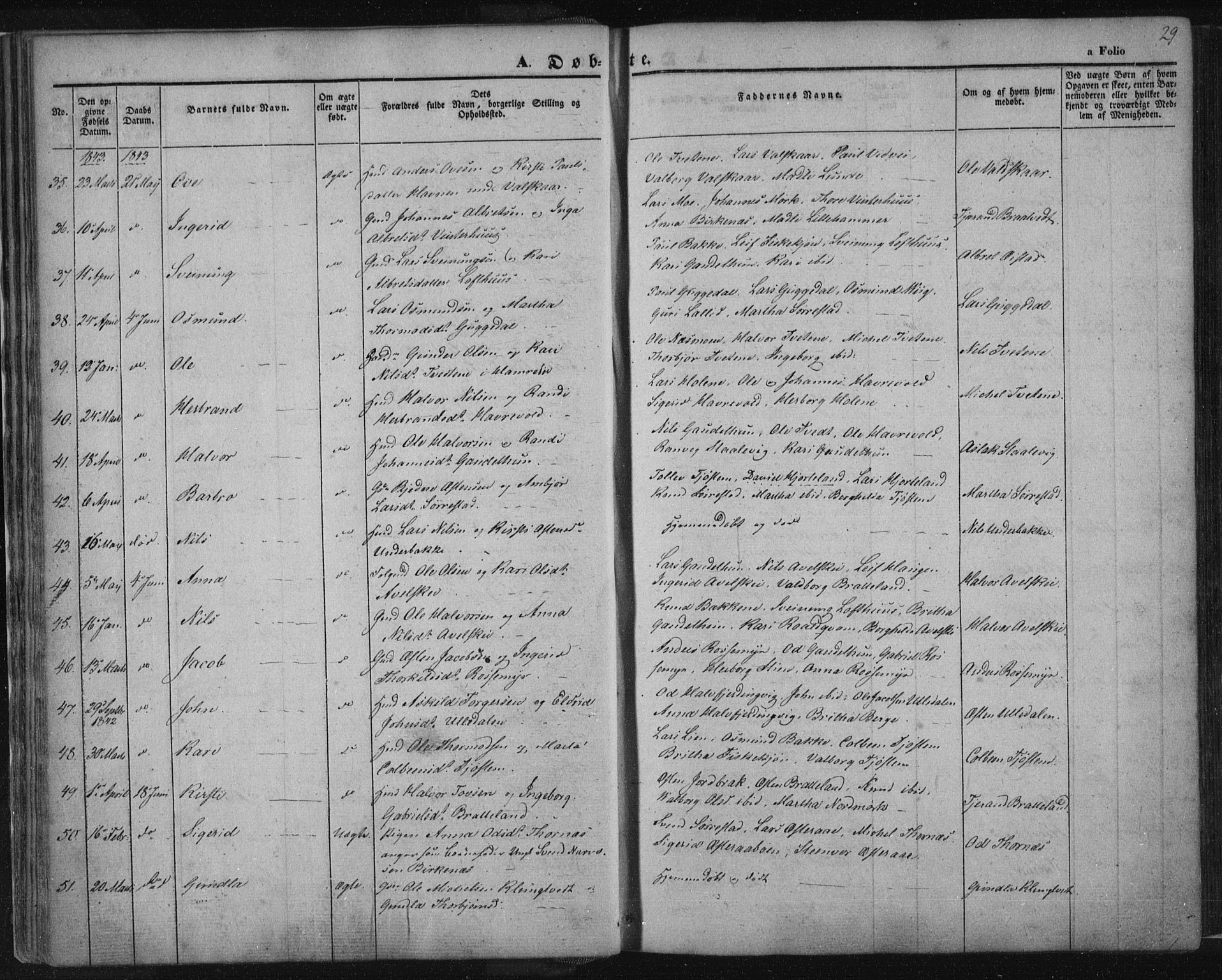 Suldal sokneprestkontor, SAST/A-101845/01/IV/L0008: Parish register (official) no. A 8, 1836-1853, p. 29