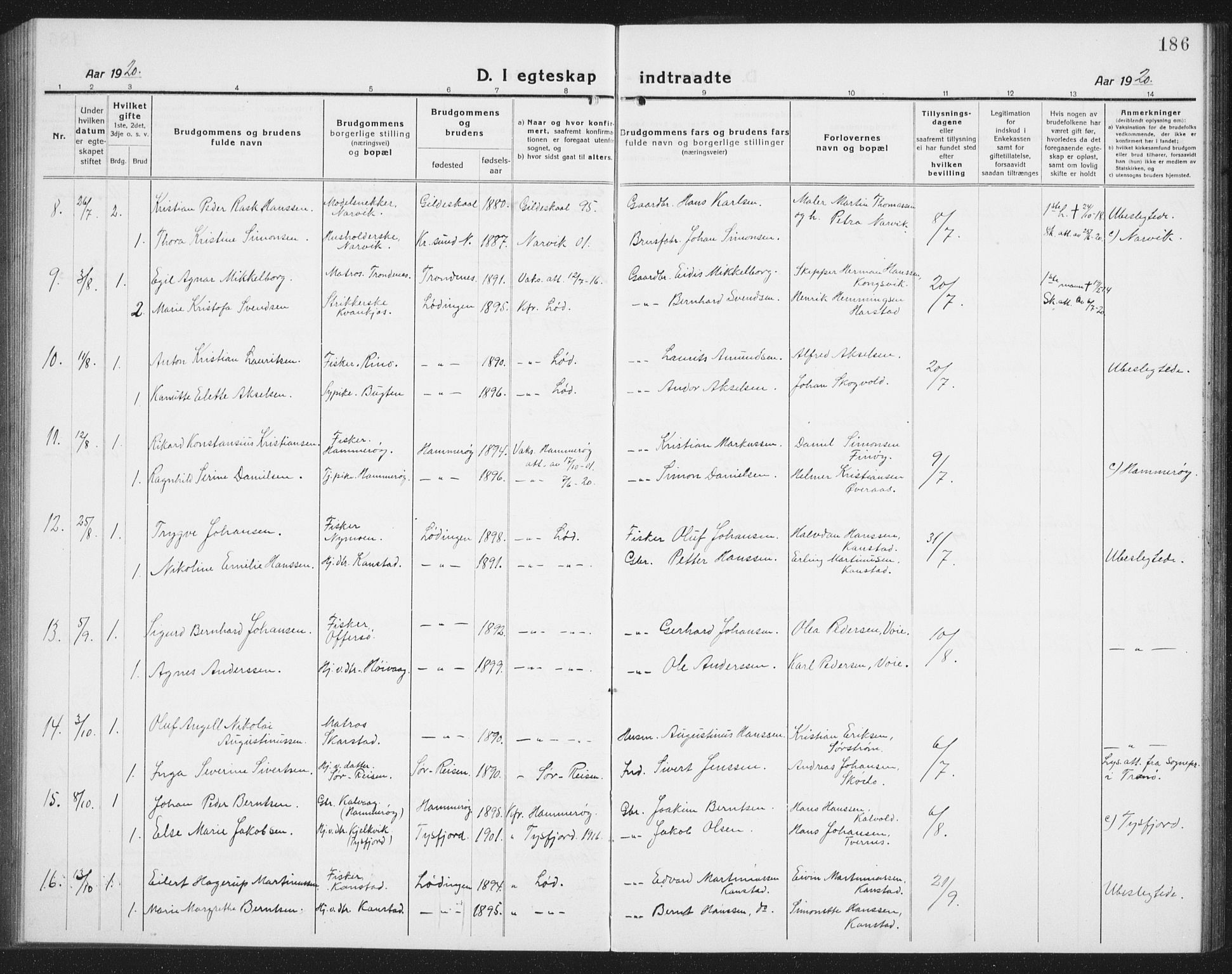 Ministerialprotokoller, klokkerbøker og fødselsregistre - Nordland, AV/SAT-A-1459/872/L1049: Parish register (copy) no. 872C05, 1920-1938, p. 186