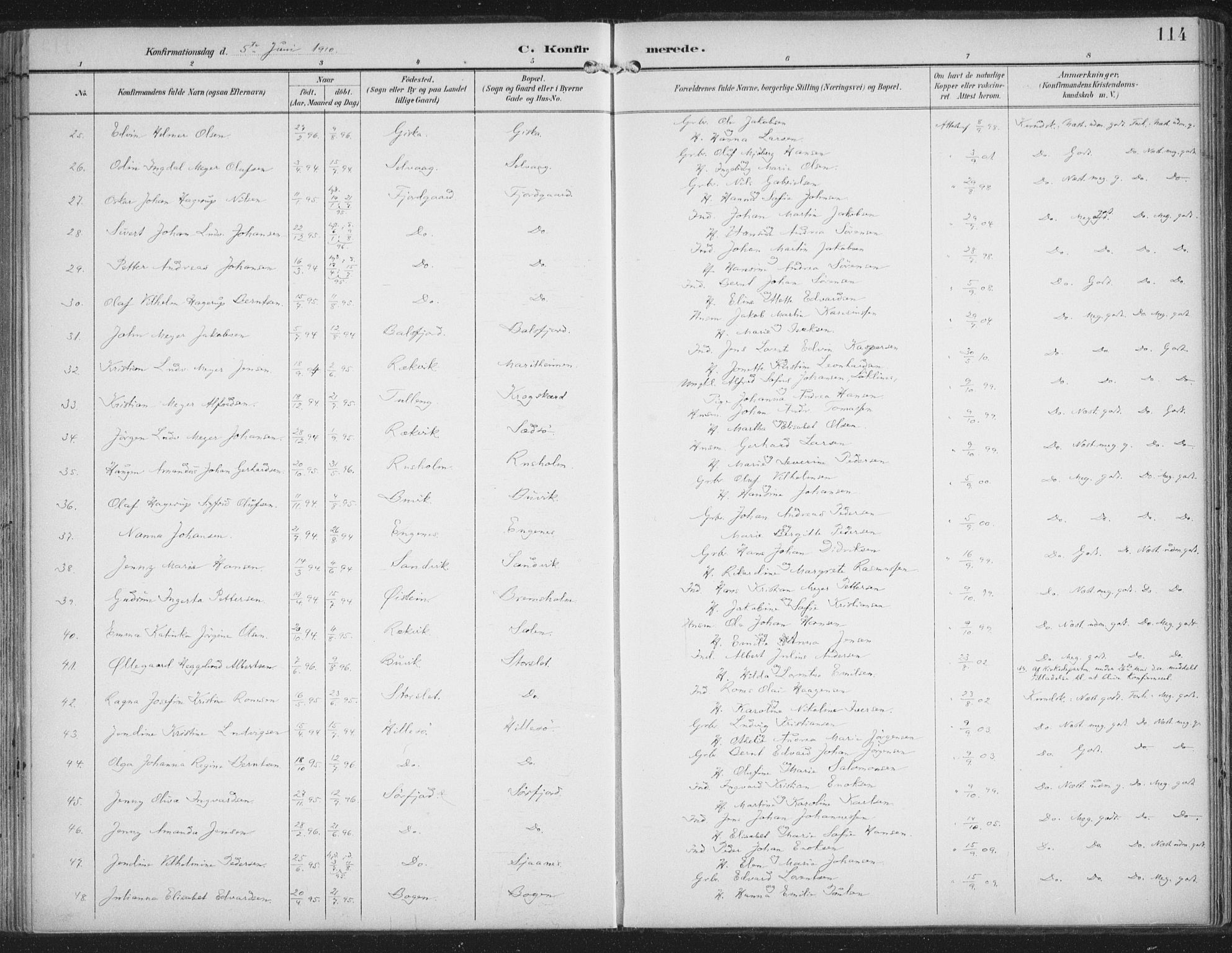 Lenvik sokneprestembete, AV/SATØ-S-1310/H/Ha/Haa/L0015kirke: Parish register (official) no. 15, 1896-1915, p. 114