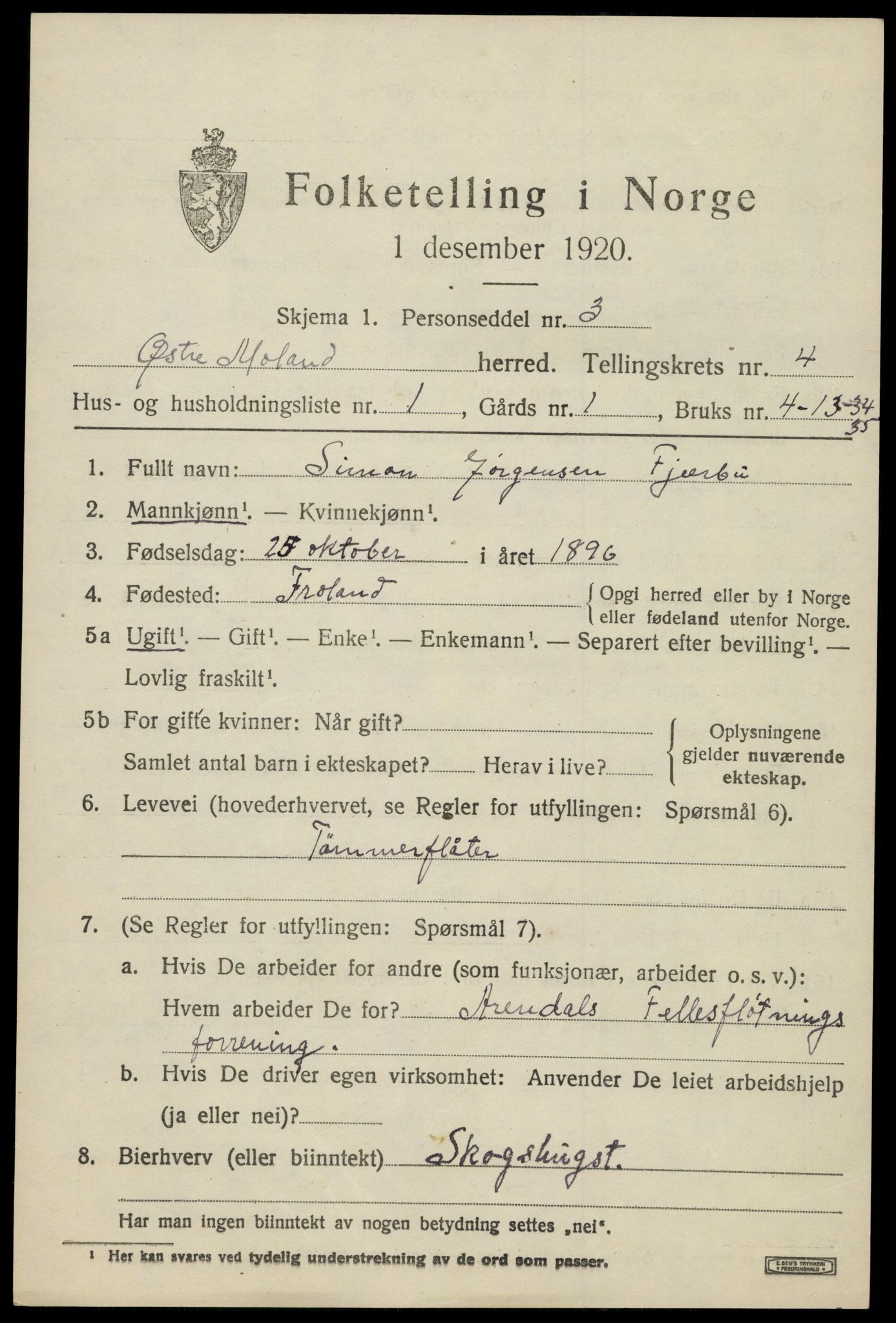 SAK, 1920 census for Austre Moland, 1920, p. 2055