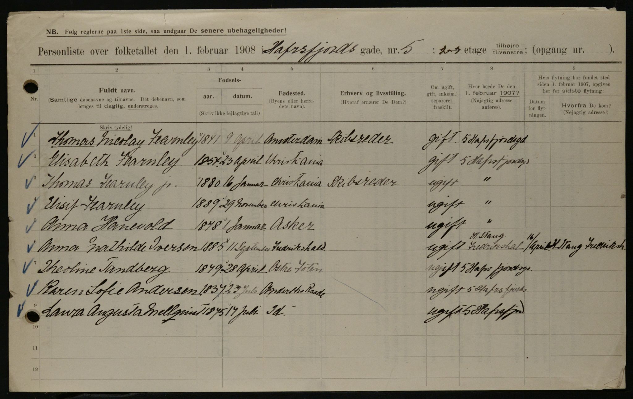 OBA, Municipal Census 1908 for Kristiania, 1908, p. 30107