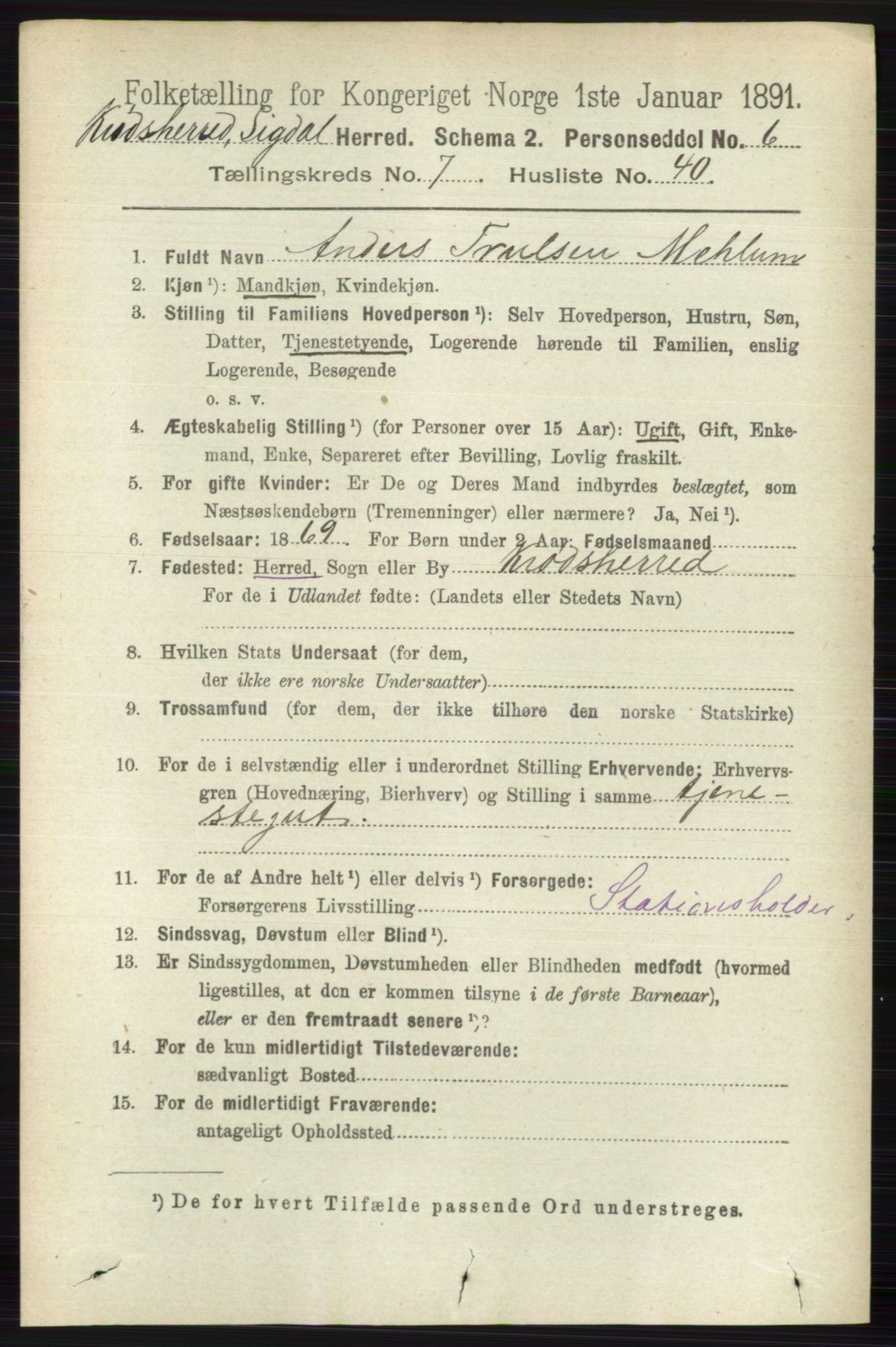 RA, 1891 census for 0621 Sigdal, 1891, p. 7261