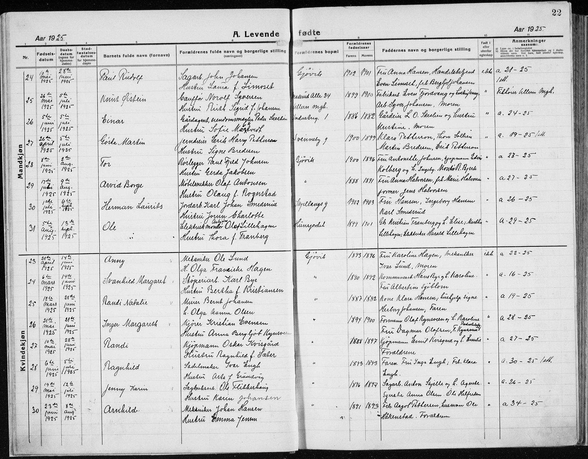 Vardal prestekontor, AV/SAH-PREST-100/H/Ha/Haa/L0015: Parish register (official) no. 15, 1923-1937, p. 22