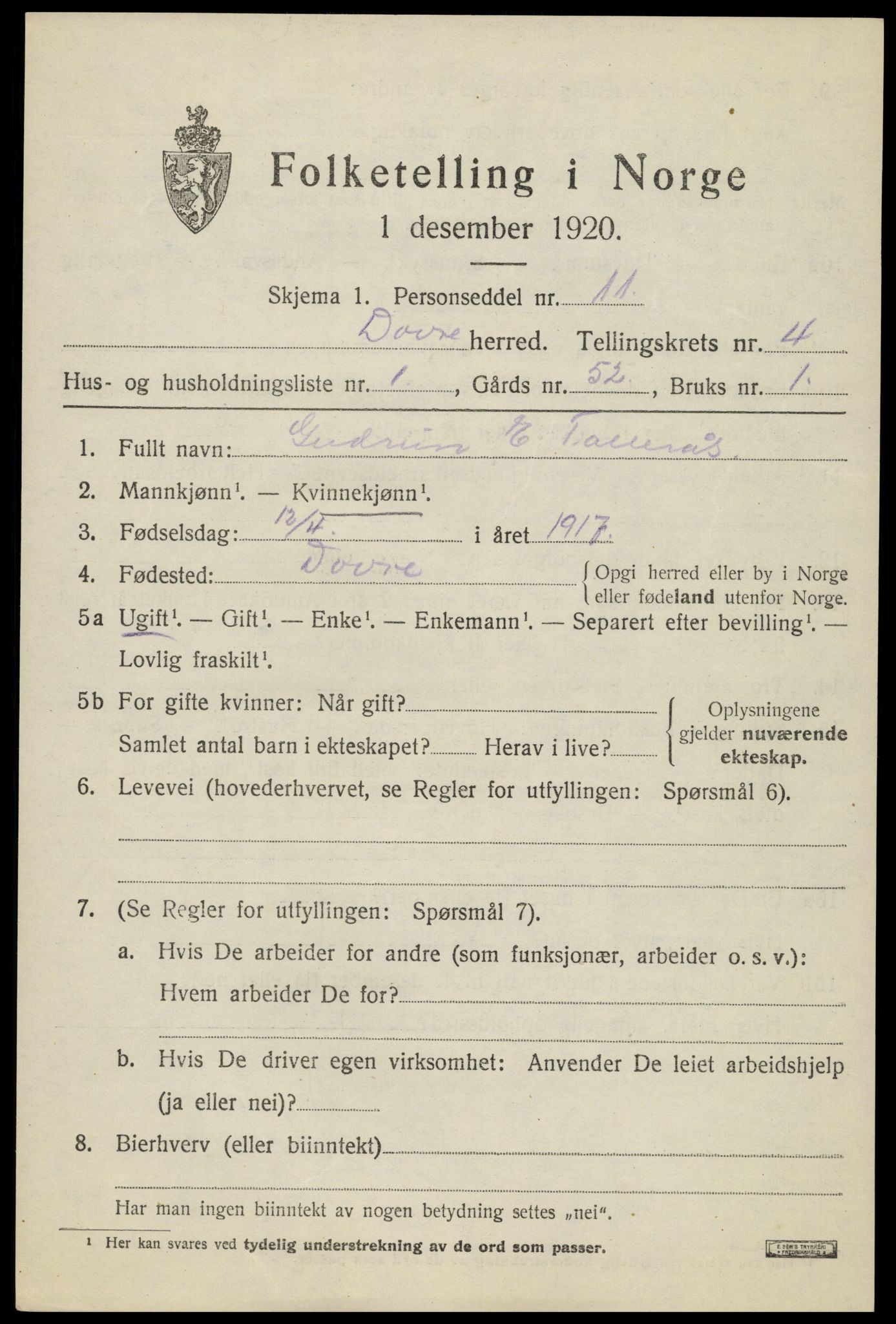 SAH, 1920 census for Dovre, 1920, p. 4562